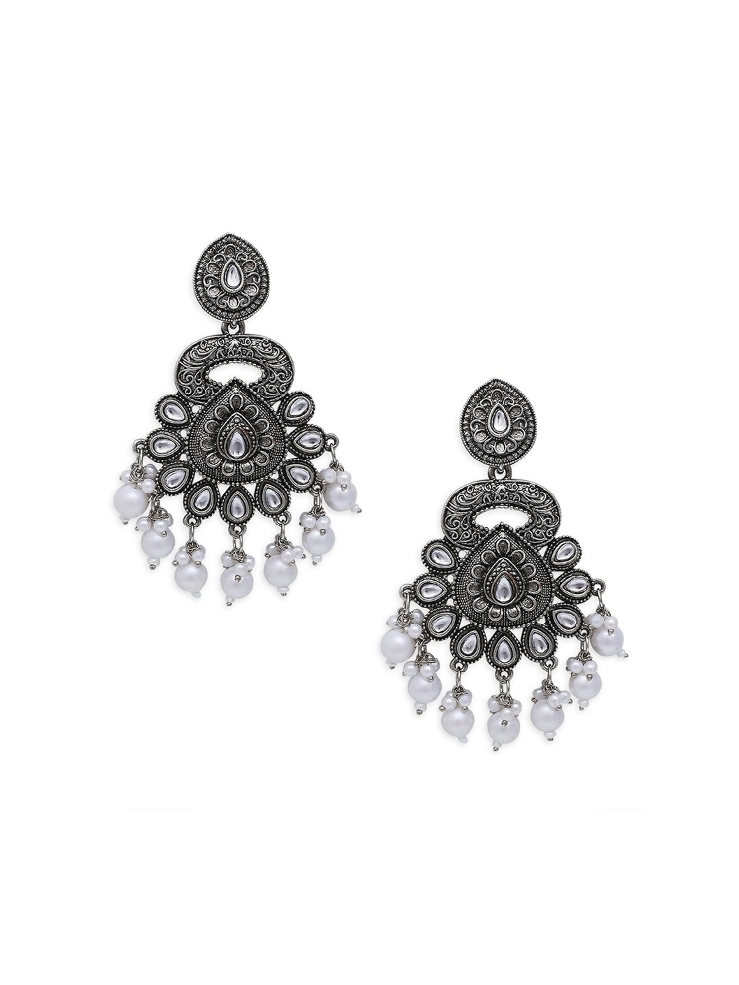 Oomph Jewellery Oxidized Silver Ethnic Silver Look Alike Large with Kundan & Pearls Dangler Earrings