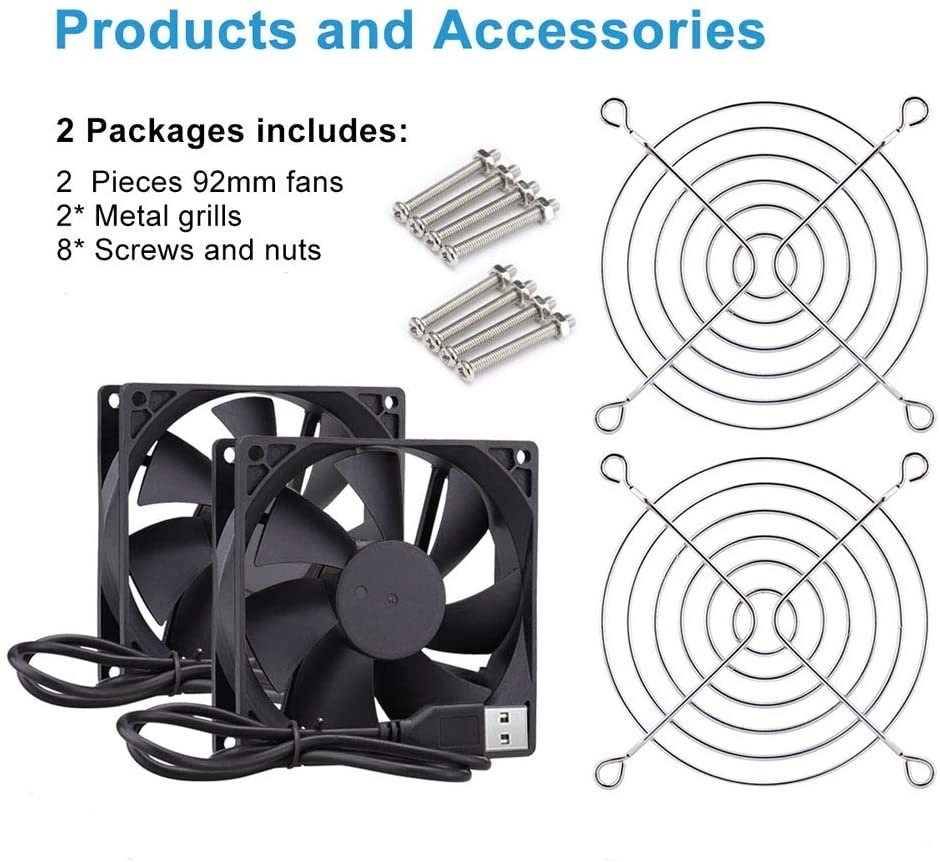 2 Packs Wathai 92mm x 25mm 90mm 5V USB Fan for Receiver AV cabint Game Console PC Laptop TV Box Projector Router Cooling