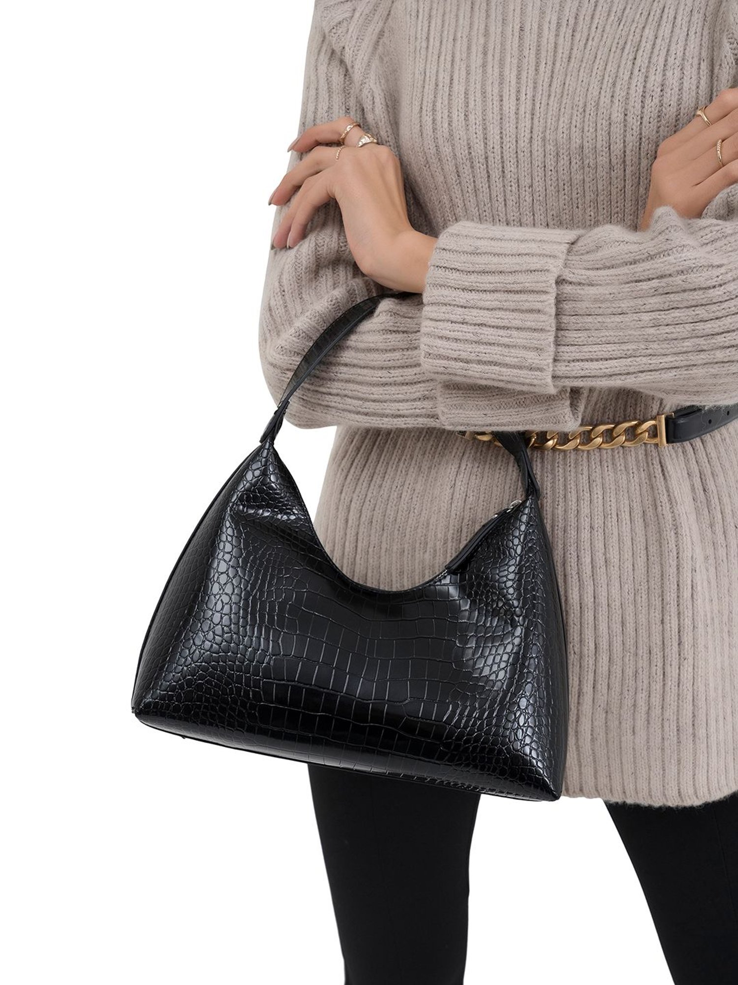 Miraggio Black Textured Medium Shoulder Handbag