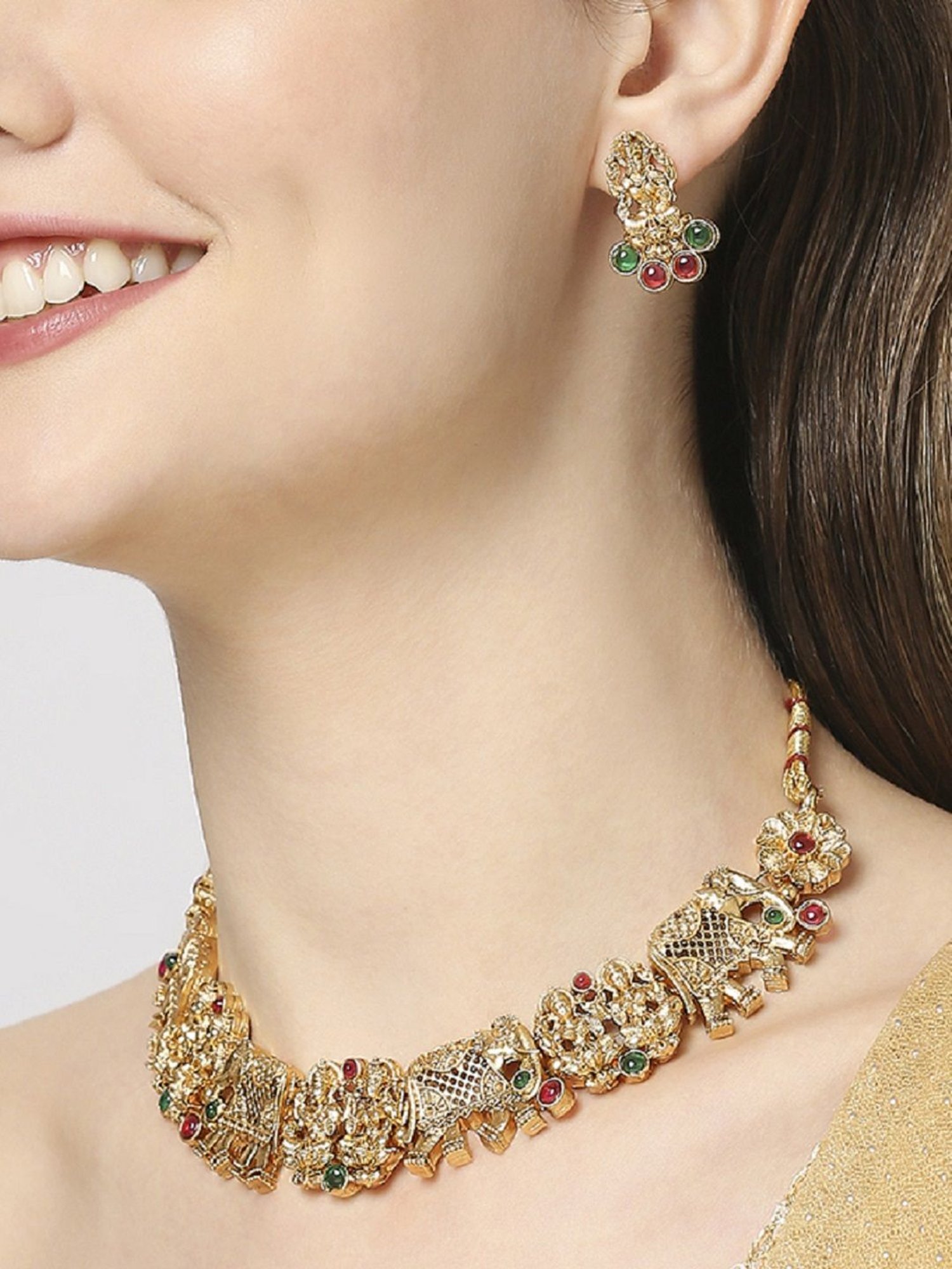 OOMPH Antique Gold Tone Red & Green Stones Elephant Choker Necklace Set for Women