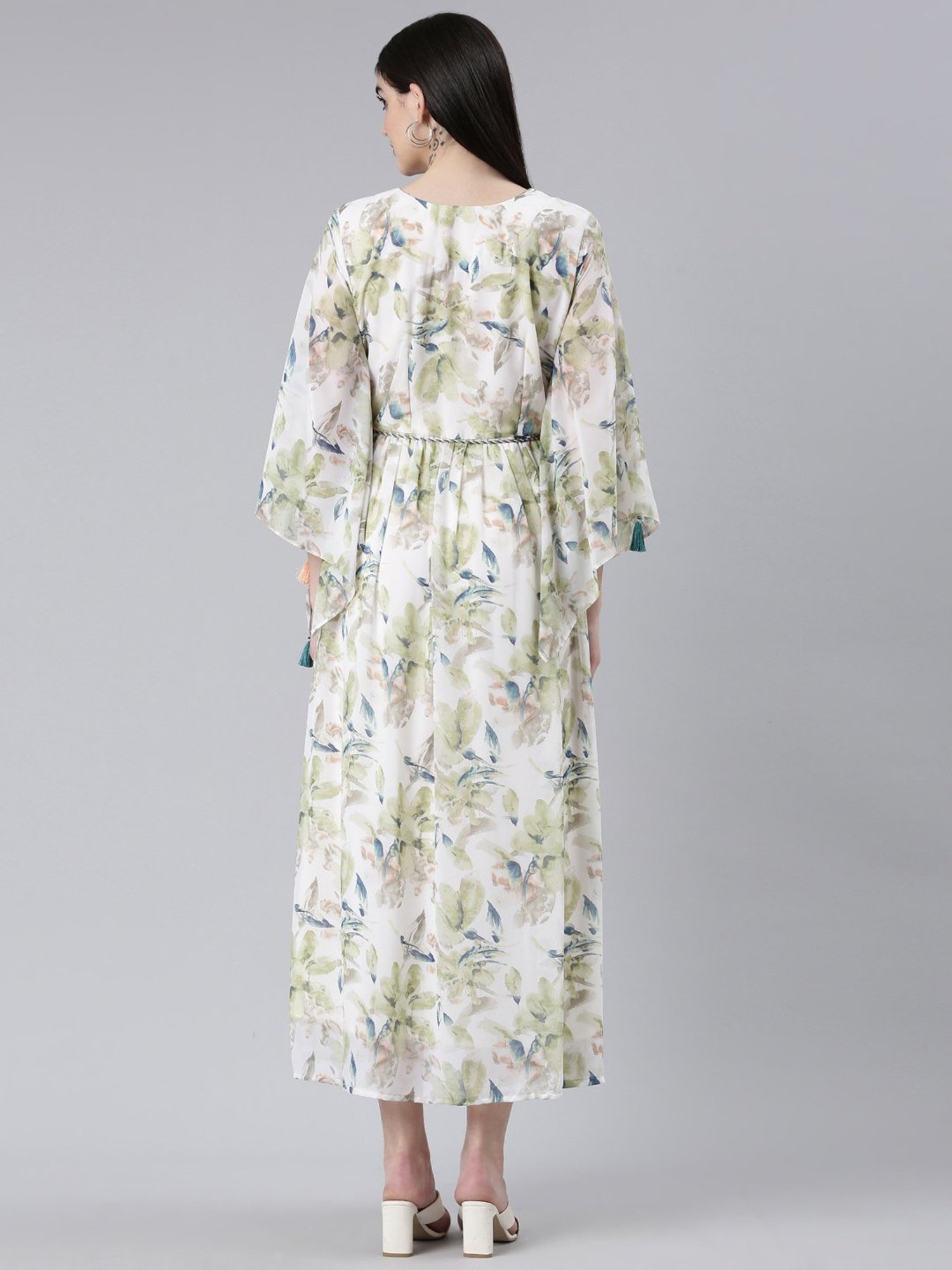 Neerus Green Floral Print A-Line Dress
