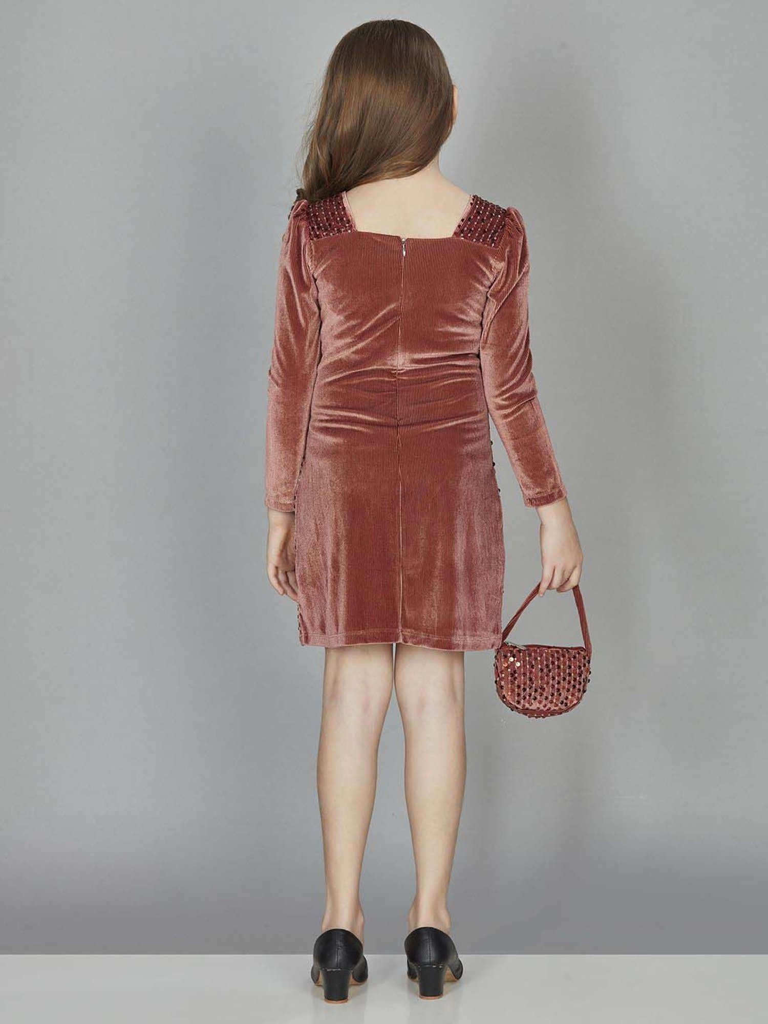 Peppermint Girls Rust Embellished Full Sleeves Dress