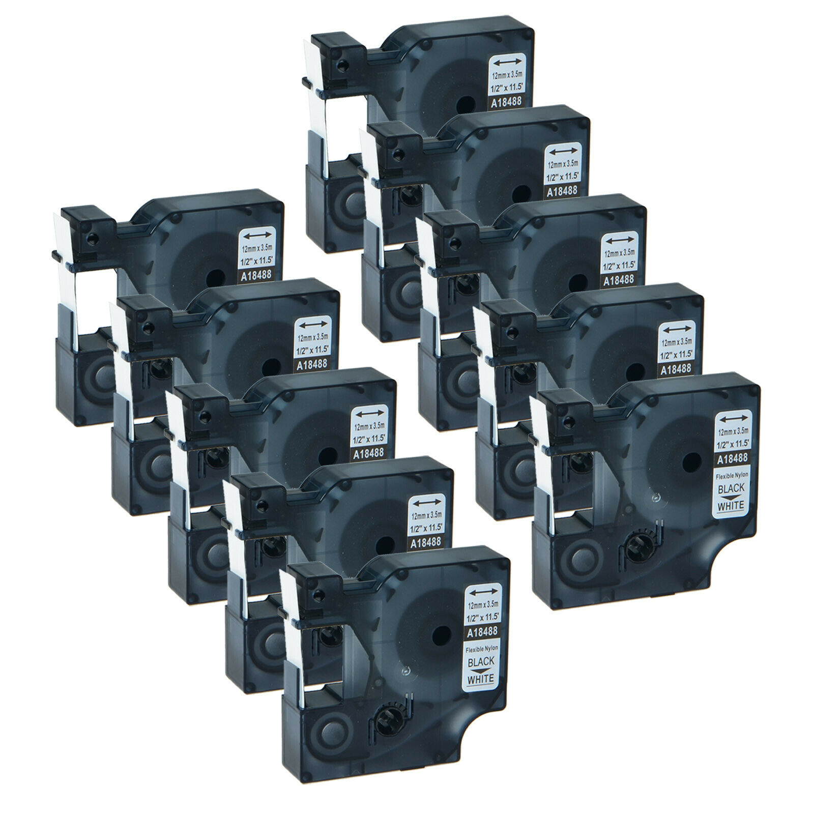 20* For DYMO Rhino 4200 5200 1/2" Black on White Flexible Nylon Label Tape 18488