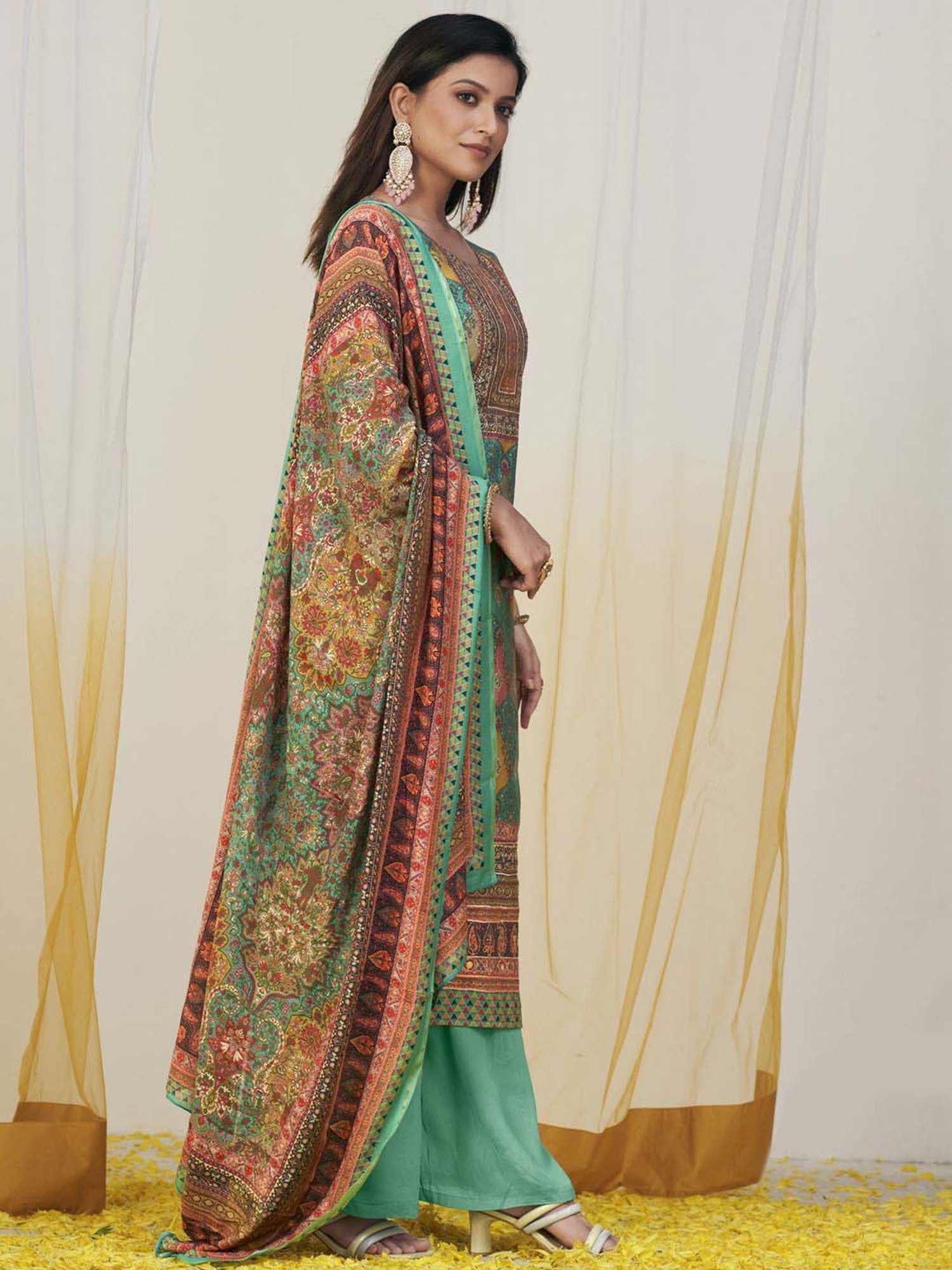 Stylee LIFESTYLE Green Printed Unstitched Dress Material