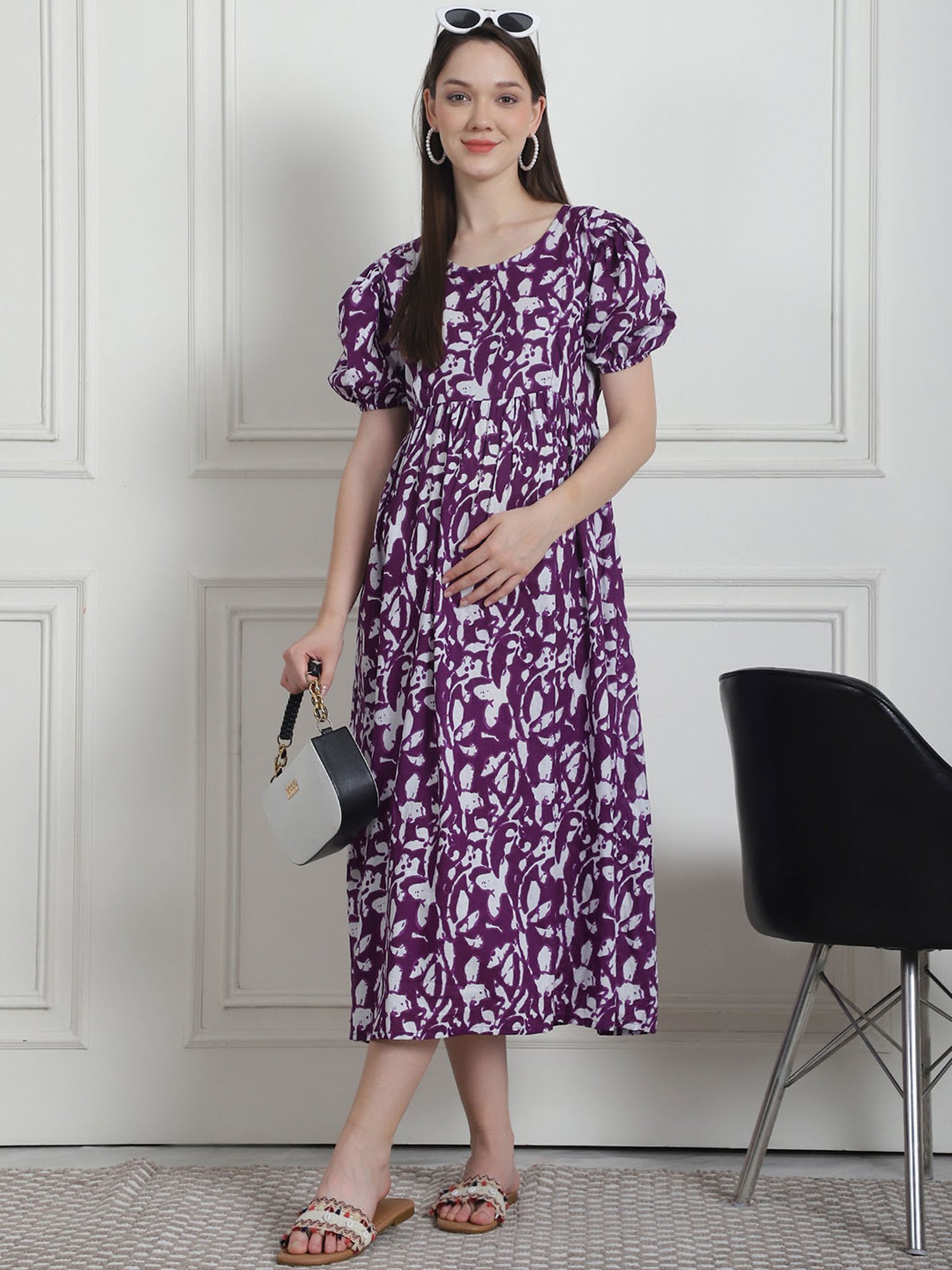 Secret Wish Purple Floral Print Maternity Night Dress