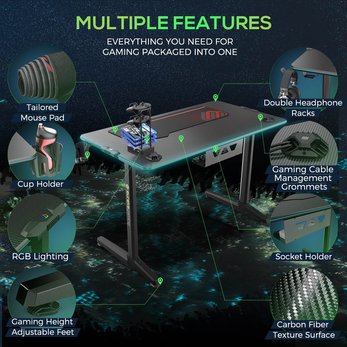 Eureka Ergonomic Gaming Computer Desk 44" Home Office Gaming PC Tables New Polygon Legs Design with RGB LED Lights, Colonel Series GIP-44B, Black