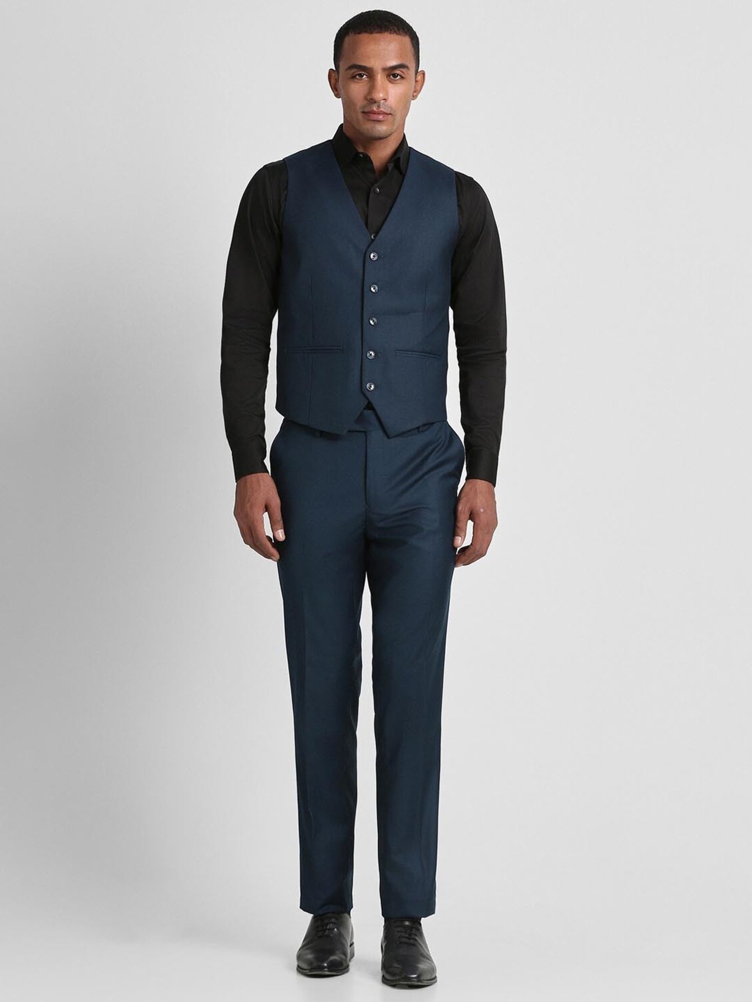 Peter England Elite Navy Slim Fit Printed Three Piece Suit