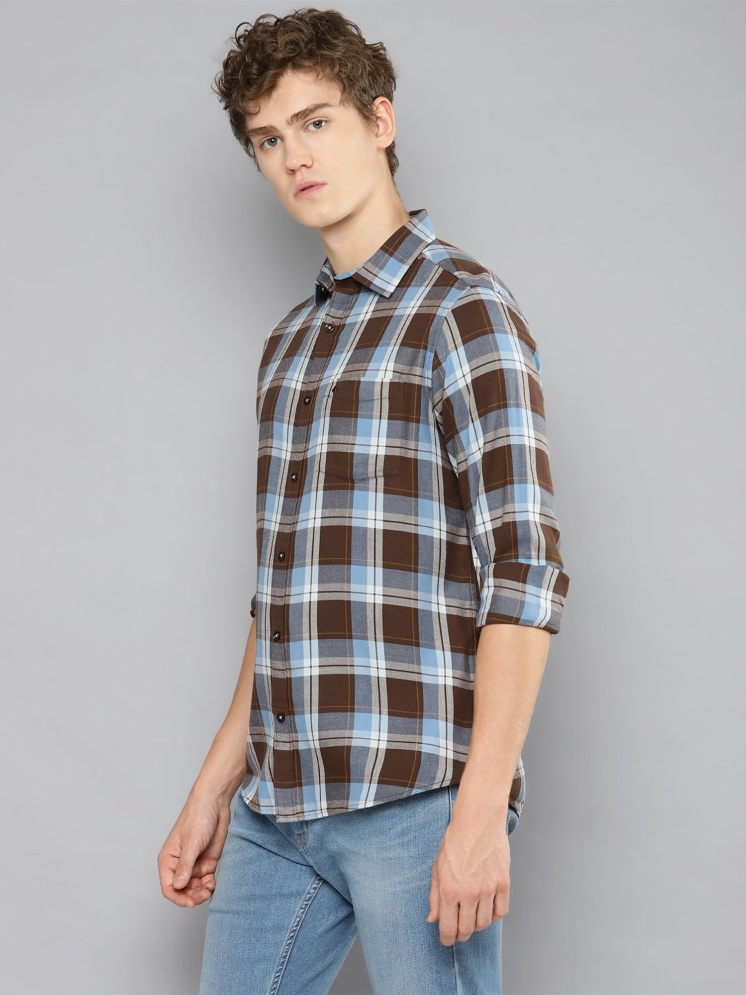 Allen cooper Brown & Blue Regular Fit Check Cotton Shirt