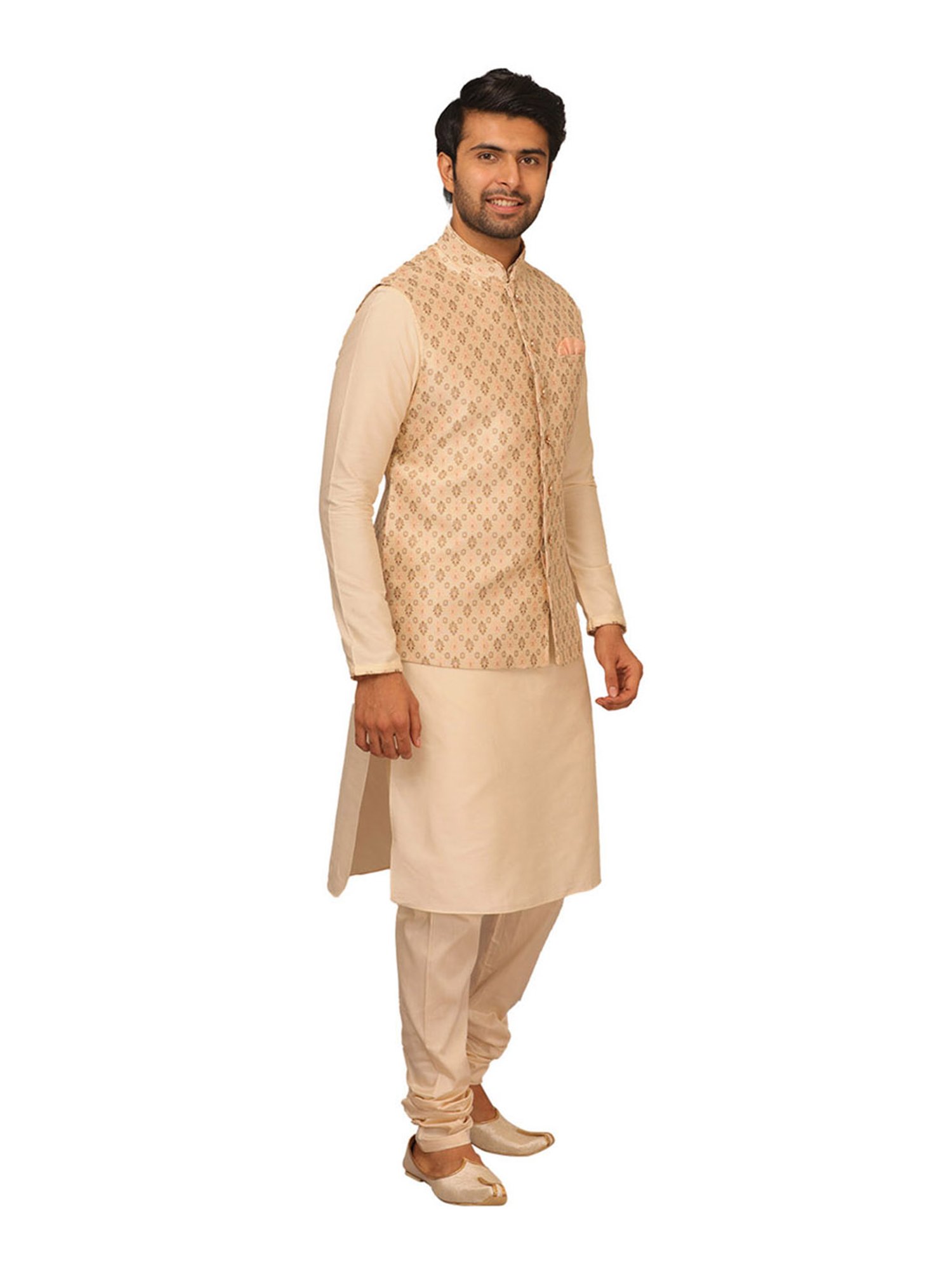 Manyavar Beige Printed Ethnic Kurta Set with Jacket