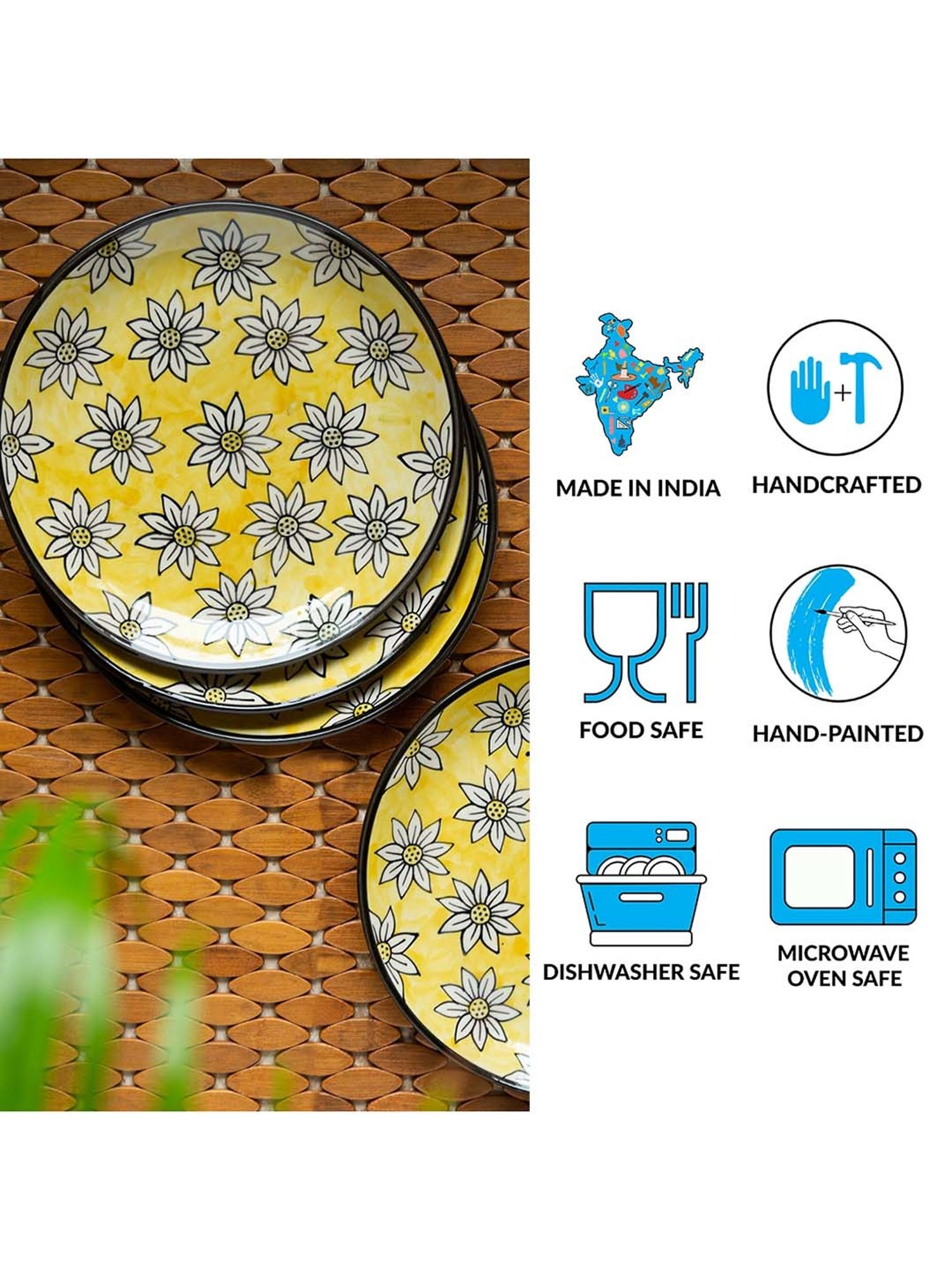 Nestasia Premium Quality Mandala Yellow Spiral Printed Square Shaped Ceramic Plate With Handle