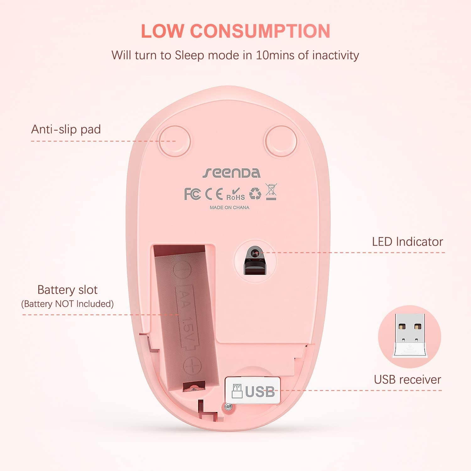 Wireless Mouse 2.4G Noiseless Mouse with USB Receiver - seenda Portable Computer Mice for PC Tablet Laptop - Living Coral&Pink