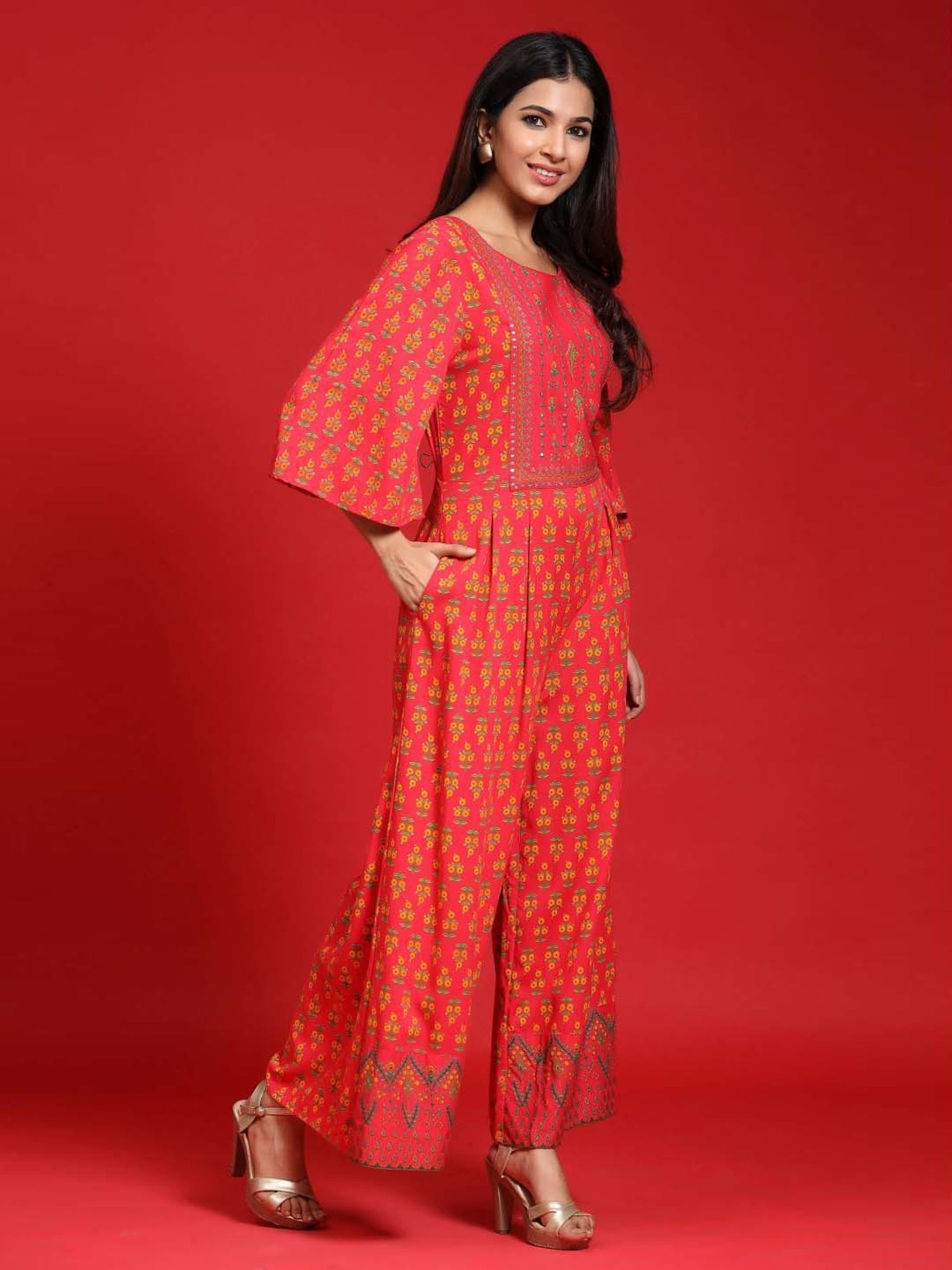 Juniper Coral Ethnic Motif Printed Rayon Flared Jumpsuit