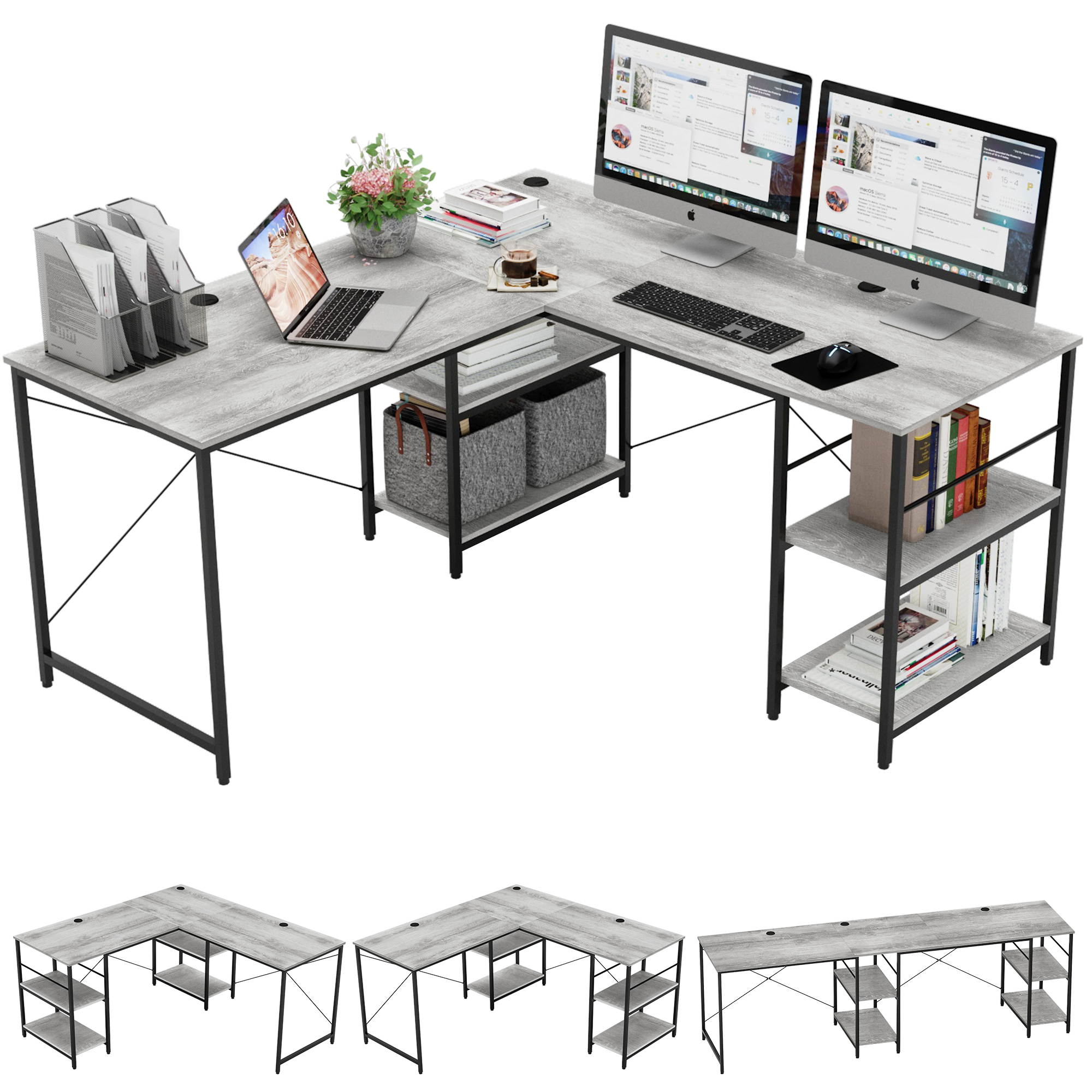 Bestier L Shaped Desk with Shelves 95.2 Inch Reversible Corner Computer Desk or 2 Person Long Table for Home Office Large Gaming Writing Storage Workstation P2 Board with 3 Cable Holes, Grey Oak