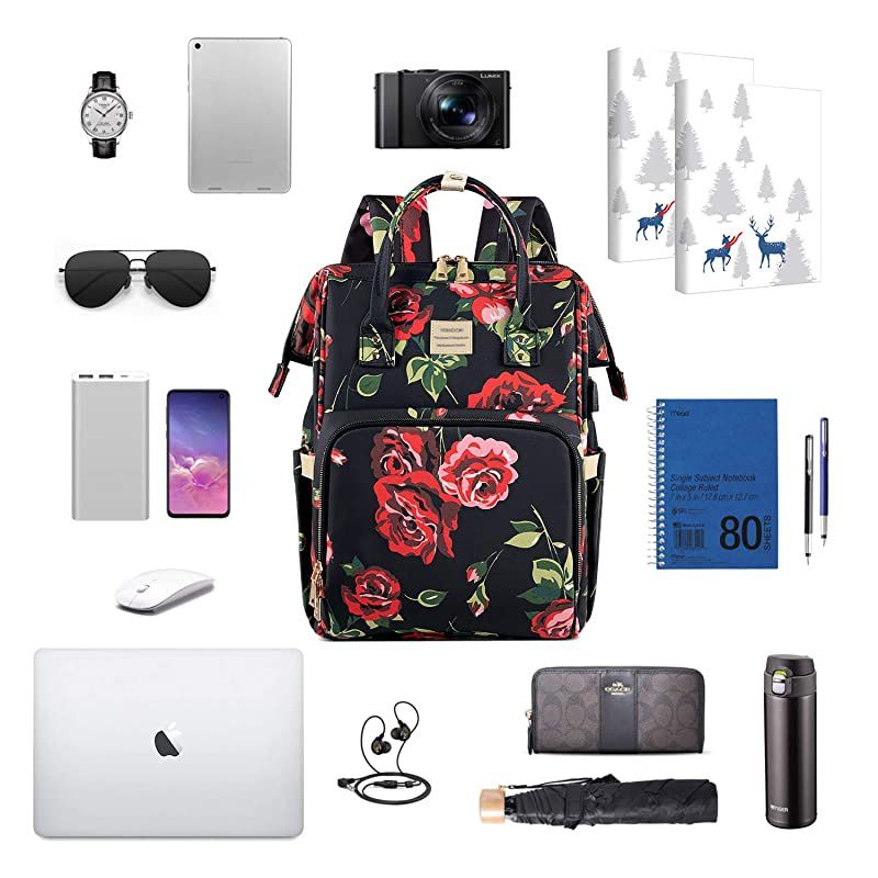 Backpack,15.6 Inch Stylish College School Backpack with USB Port Charging, Water Resistant Casual Daypack Backpack for Women/Girls/Business/Travel (Flower3)