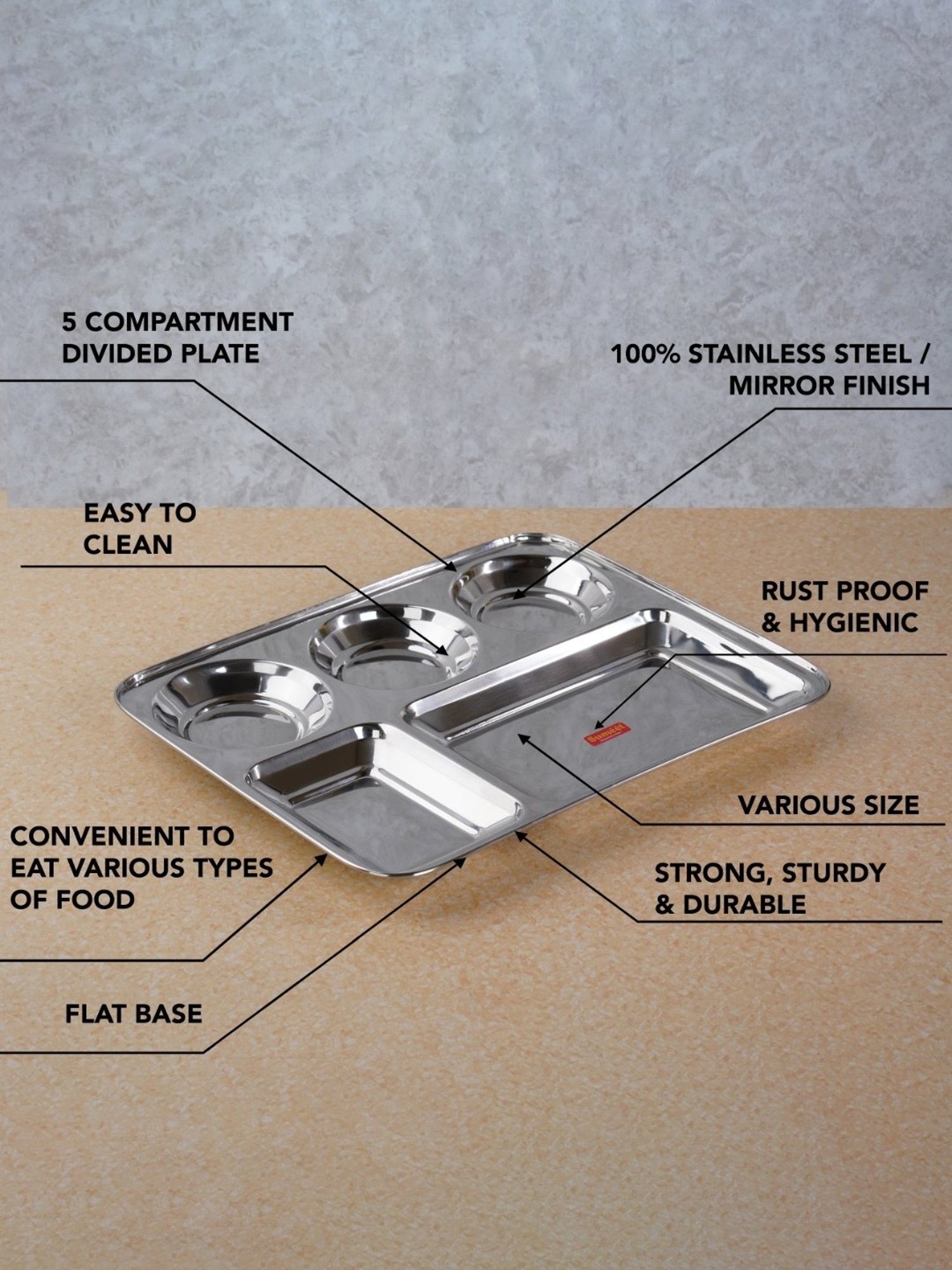 Sumeet S.S. Rectangular 5 in 1 Compartment Lunch/Dinner Plate Set of 4Pcs, 33.5cm Dia, Silver