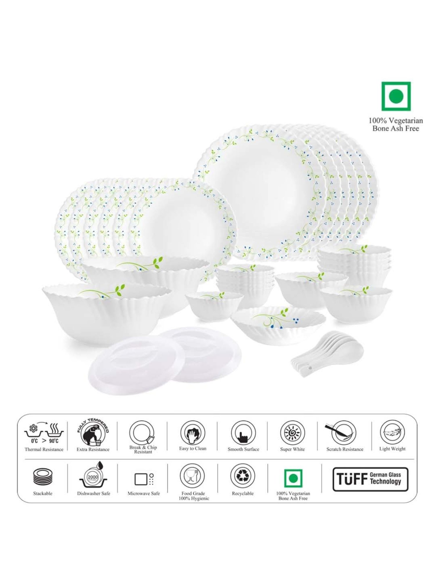 Cello Tropical Lagoon Dazzle Series White & Green Glass Dinner Set