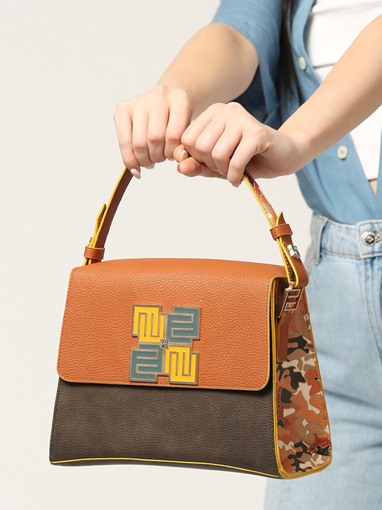 Eume Espresso Choco Brown Camo Vegan Leather Satchel Handbag