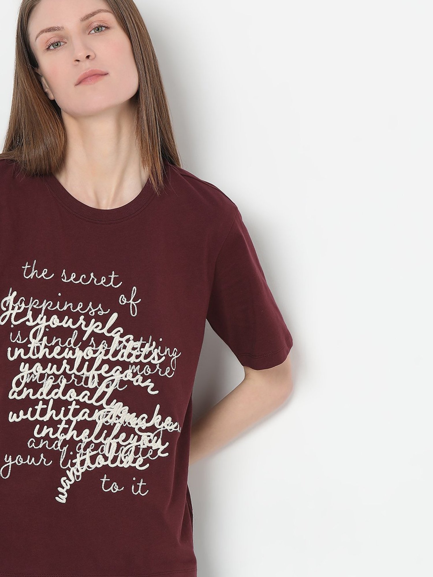 Vero Moda Wine Cotton Embroidered T-Shirt