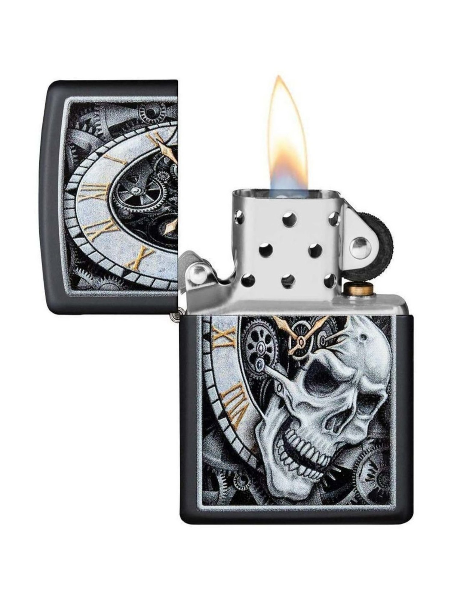 Zippo Black & Grey Skull Clock Design Brass Pocket Lighter