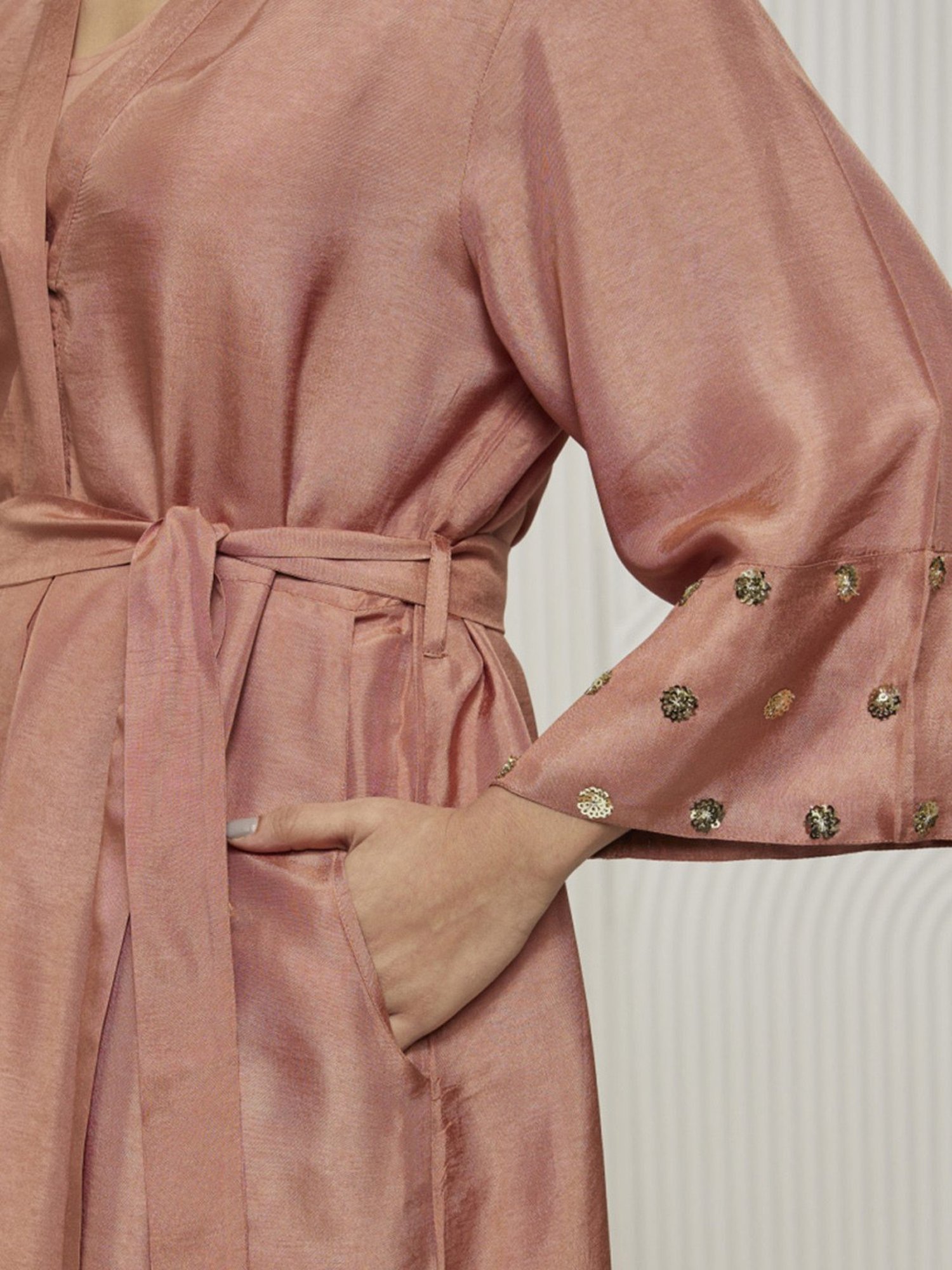 Artagai Salmon Pink Romancing Aari Shirt Dress With Tie-Up And Embellished Sleeve