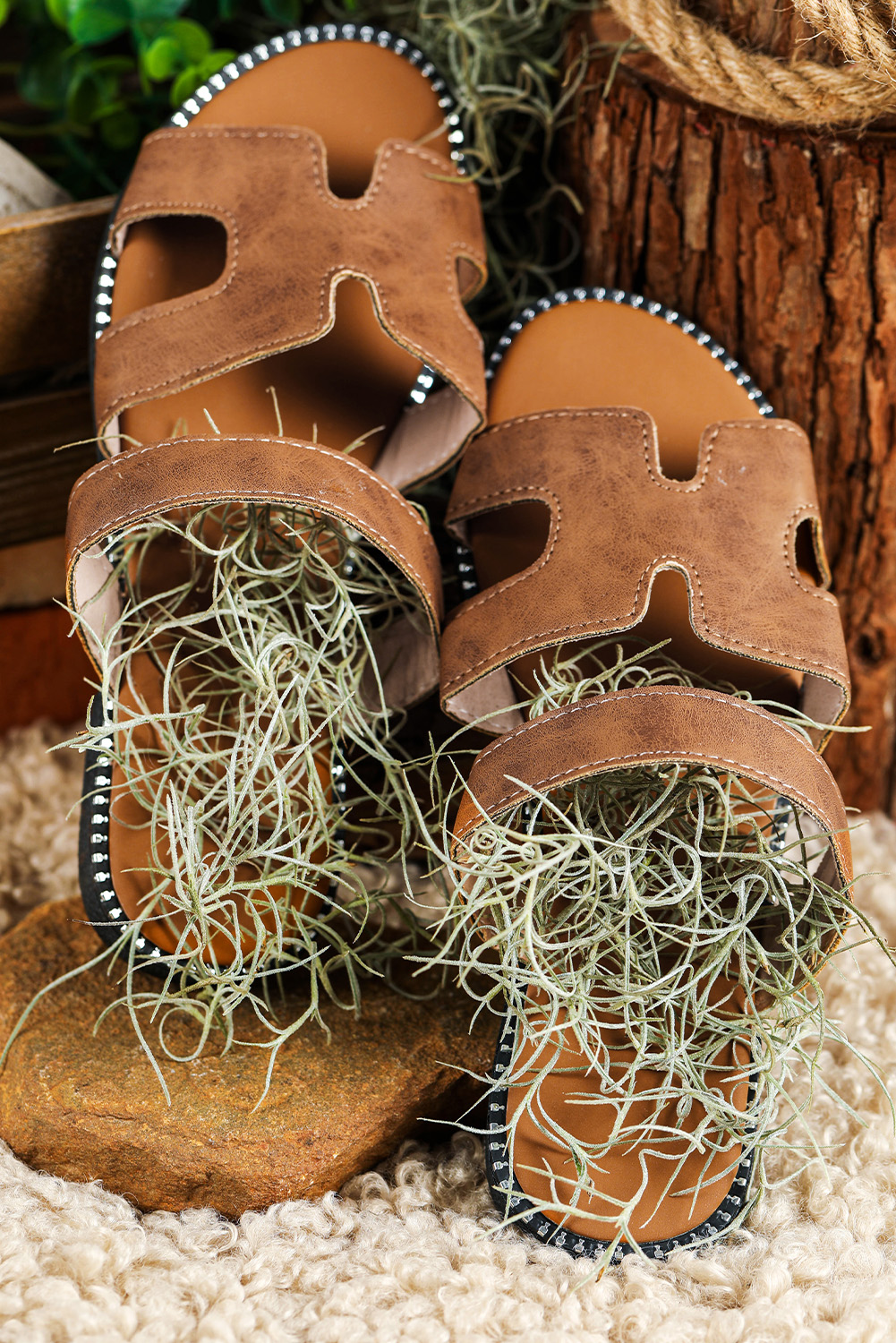 Brown Leather H Band Flat Slides S​hoes