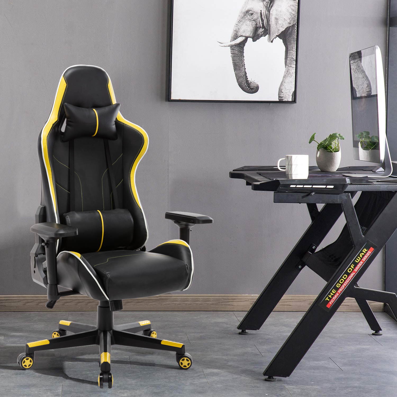 Gaming Chair, UHOMEPRO PU Leather High Back Computer Chair Office Chair, Home Desk Chair, PC Racing Chair, Executive Ergonomic Adjustable Task Chair with Headrest and Lumbar Support