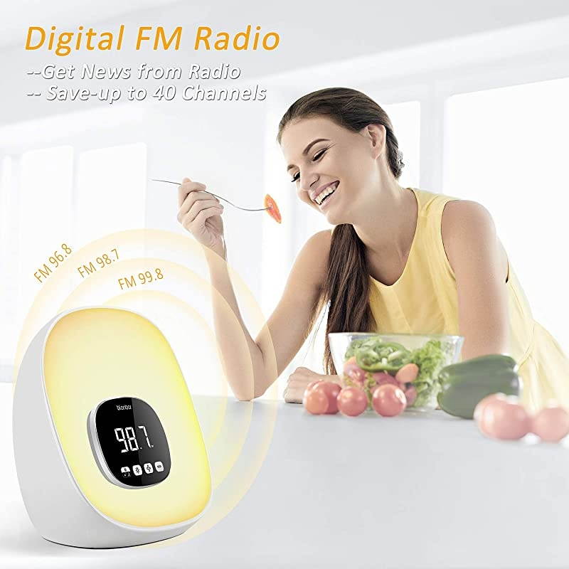 Wake-Up Light Alarm Clock  Sunrise Alarm Clock with Radio for Bedrooms, 7 Colored Night Light, Snooze, Adjustable Brightness and Touch Control for Kids