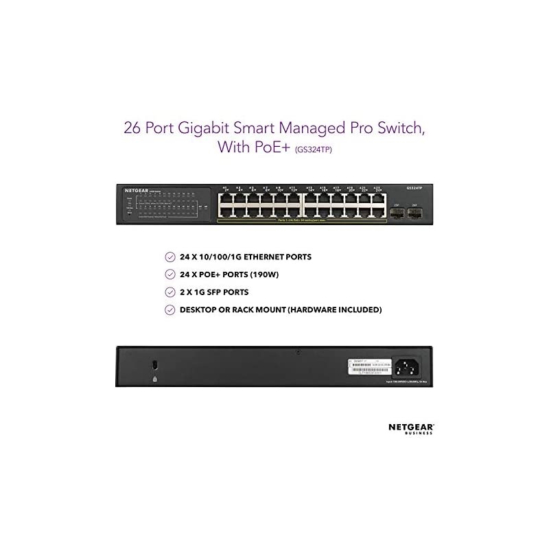 26-Port PoE Gigabit Ethernet Smart Switch (GS324TP) - Managed, with 24 x PoE+ @ 190W, 2 x 1G SFP, Desktop or Rackmount, S350 series