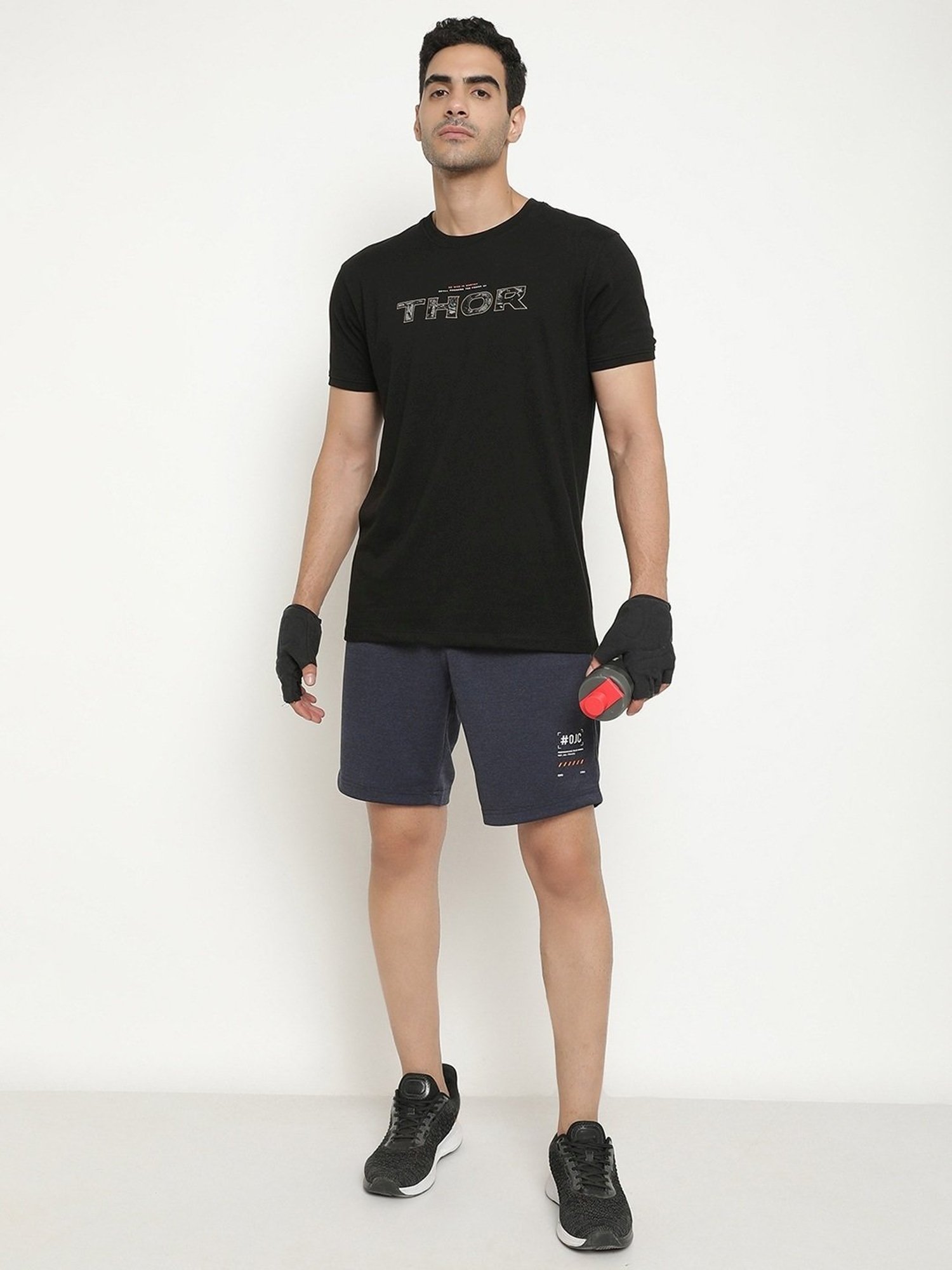 Octave Navy Melange Cotton Regular Fit Printed Shorts