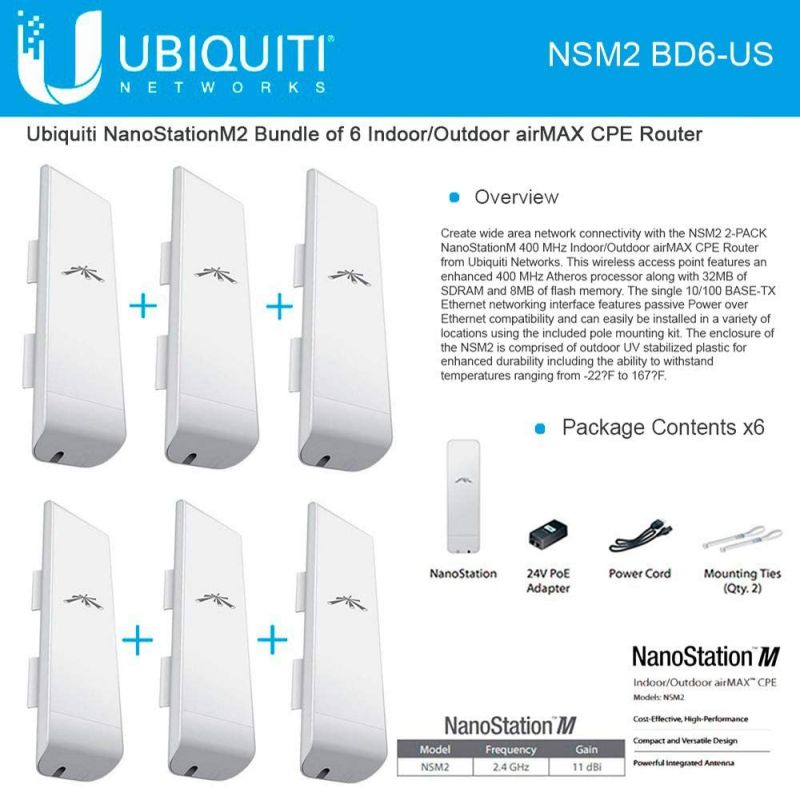 NanoStation M NSM2 US 2.4GHz 2x2 MIMO Indoor/Outdoor airMAX CPE Router 802.11n (6-Pack)