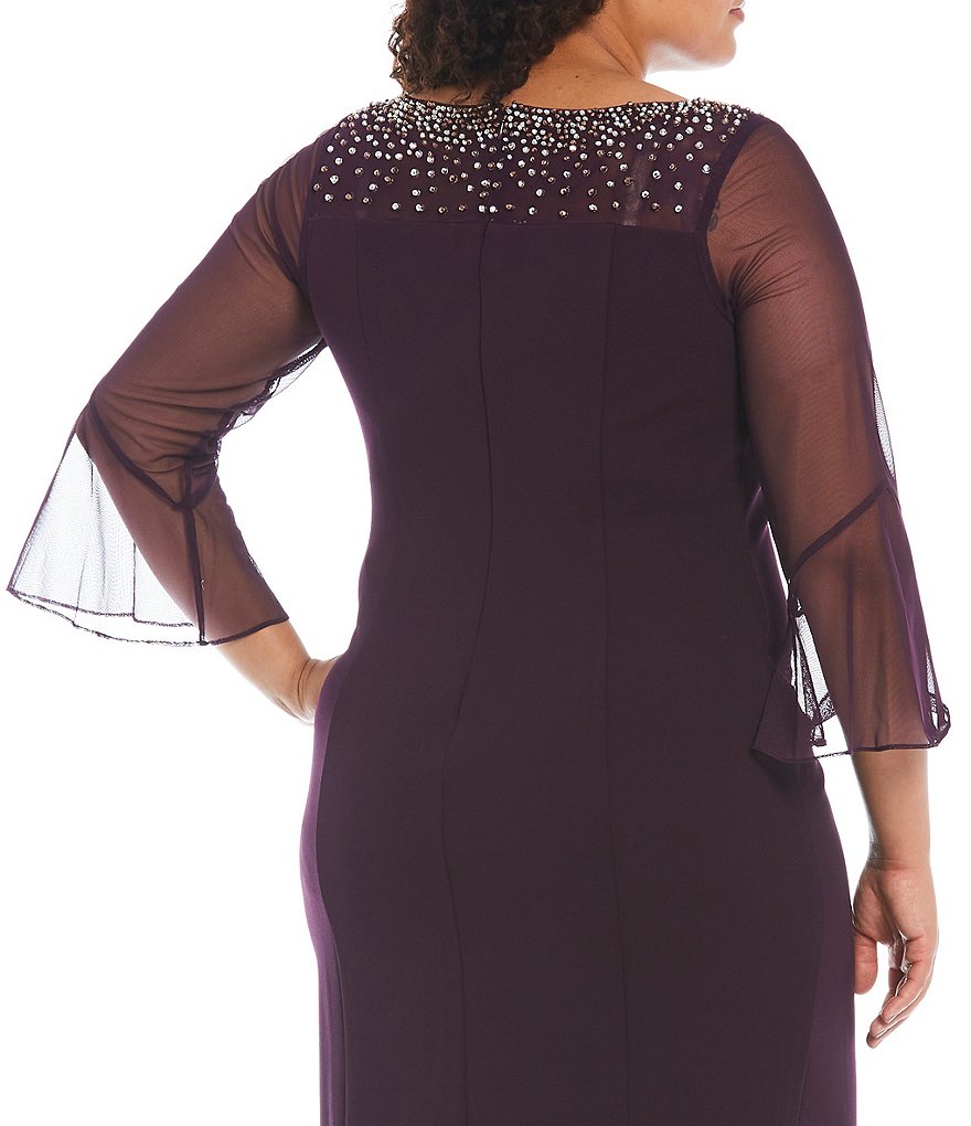 Alex Evenings Plus Size Stretch Crepe Embellished 3/4 Bell Sleeve Illusion Boat Neck Sheath Dress