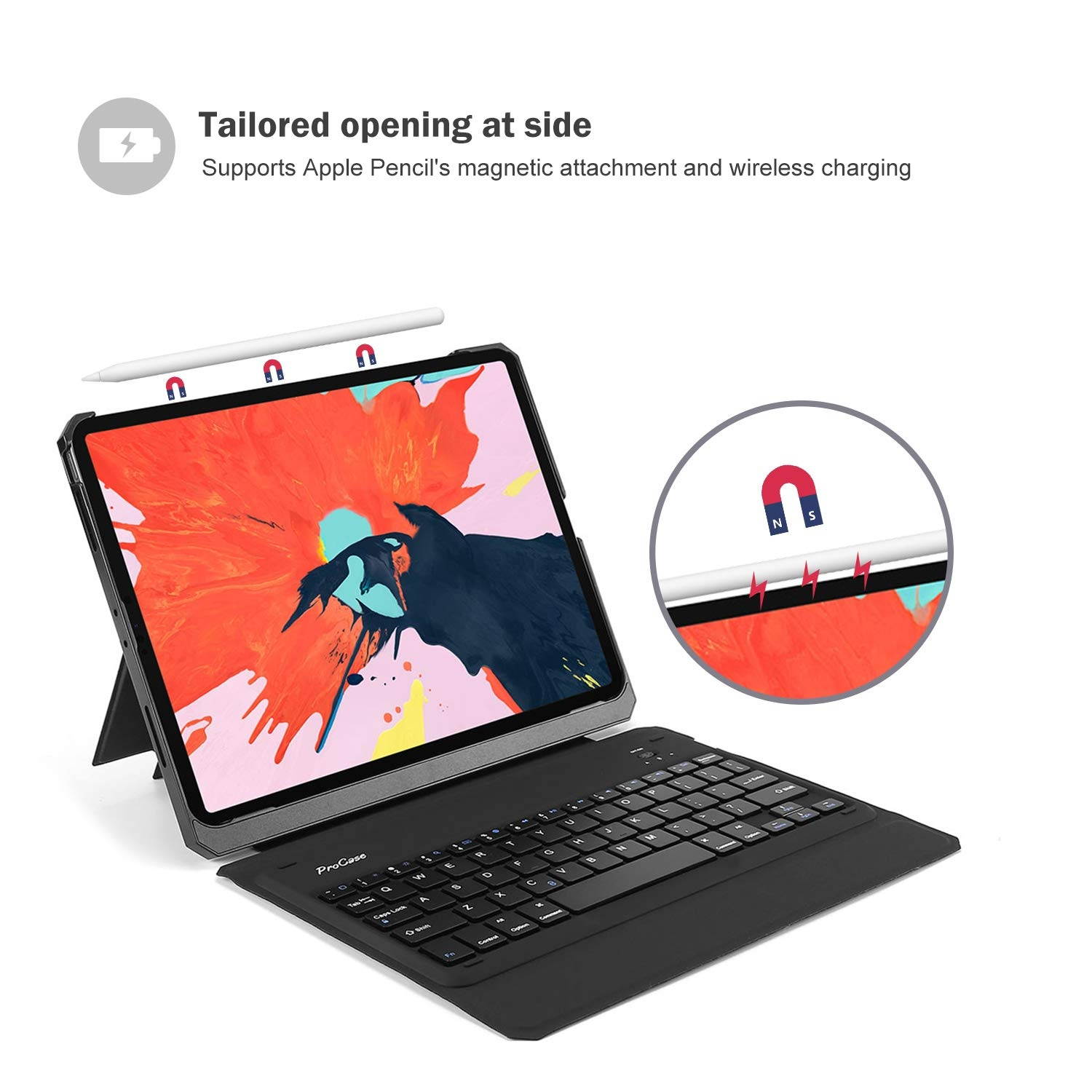 ProCase iPad Pro 11 Keyboard Case 2018, Detachable Wireless Keyboard Case with Kickstand [Support Apple Pencil Charging] Slim Multi Angle Stand Cover Case for Apple iPad Pro 11 Inch 2018 &ndash;Black