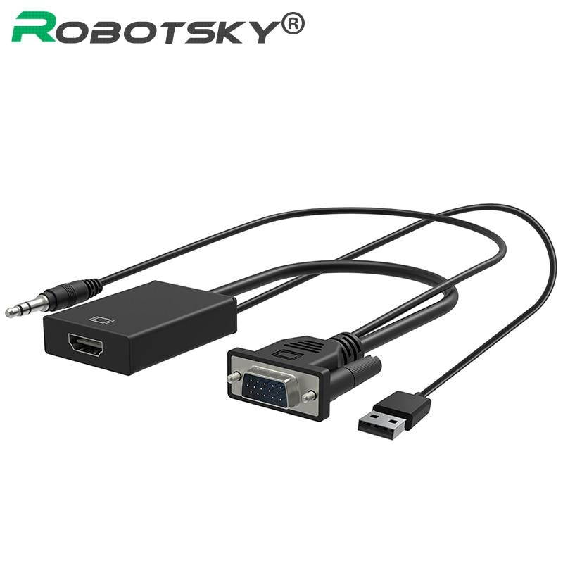 Robotsky VGA to HDMI Adapter Converter Cable With Micro USB Power and Audio Interface for XBOX PS3 PS4 HDTV PC Laptop Projector
