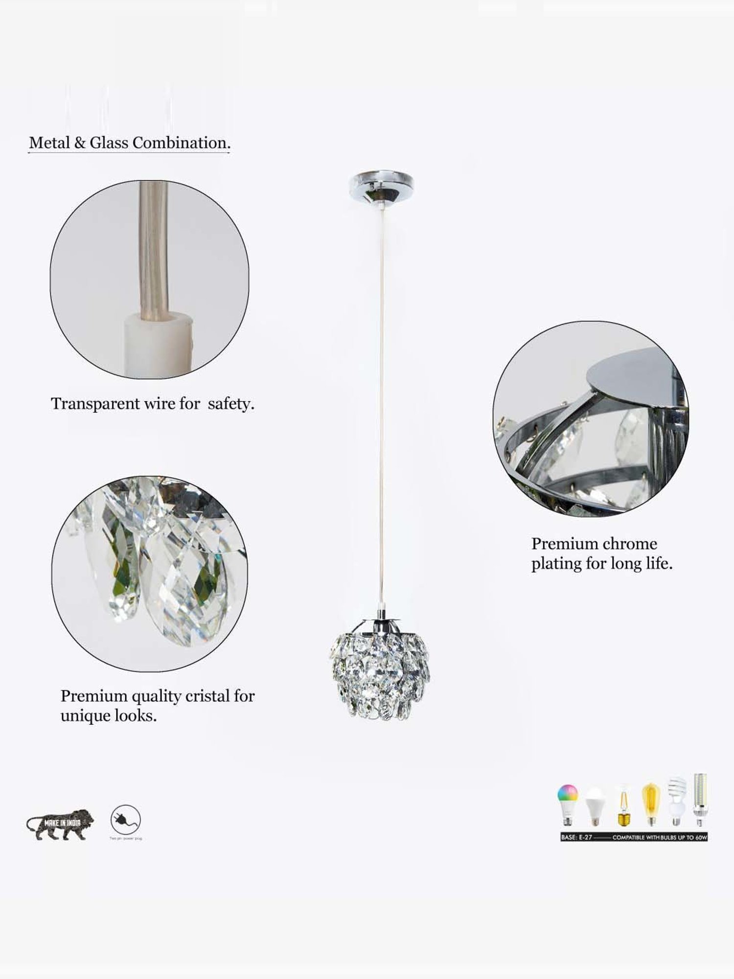 Kapoor Lamp Shades Chrome & Clear Brass Vibrant Crystal Pendant Light