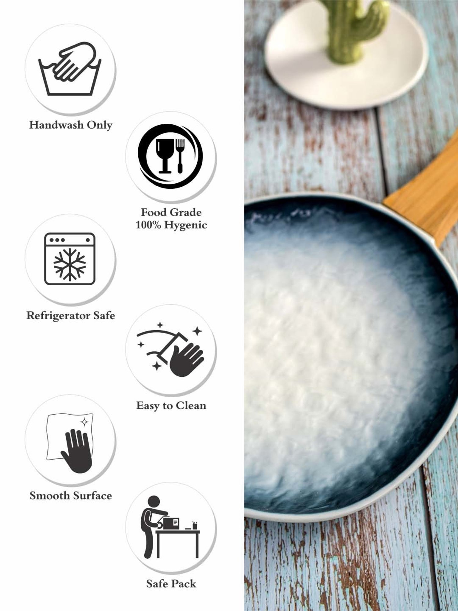 White Gold White & Blue Porcelain Serving Platter With Wooden Handle