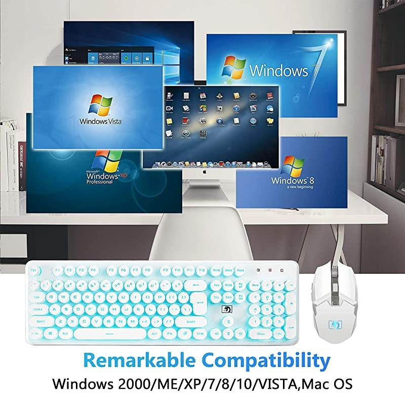 Keyboard and Mouse Combo Suspended Keycap Mechanical Feel Backlit 2.4G Wireless Gaming Keyboard & Mouse Adjustable Breathing Lamp for Laptop Computer and Mac (White Punk/Blue Light)