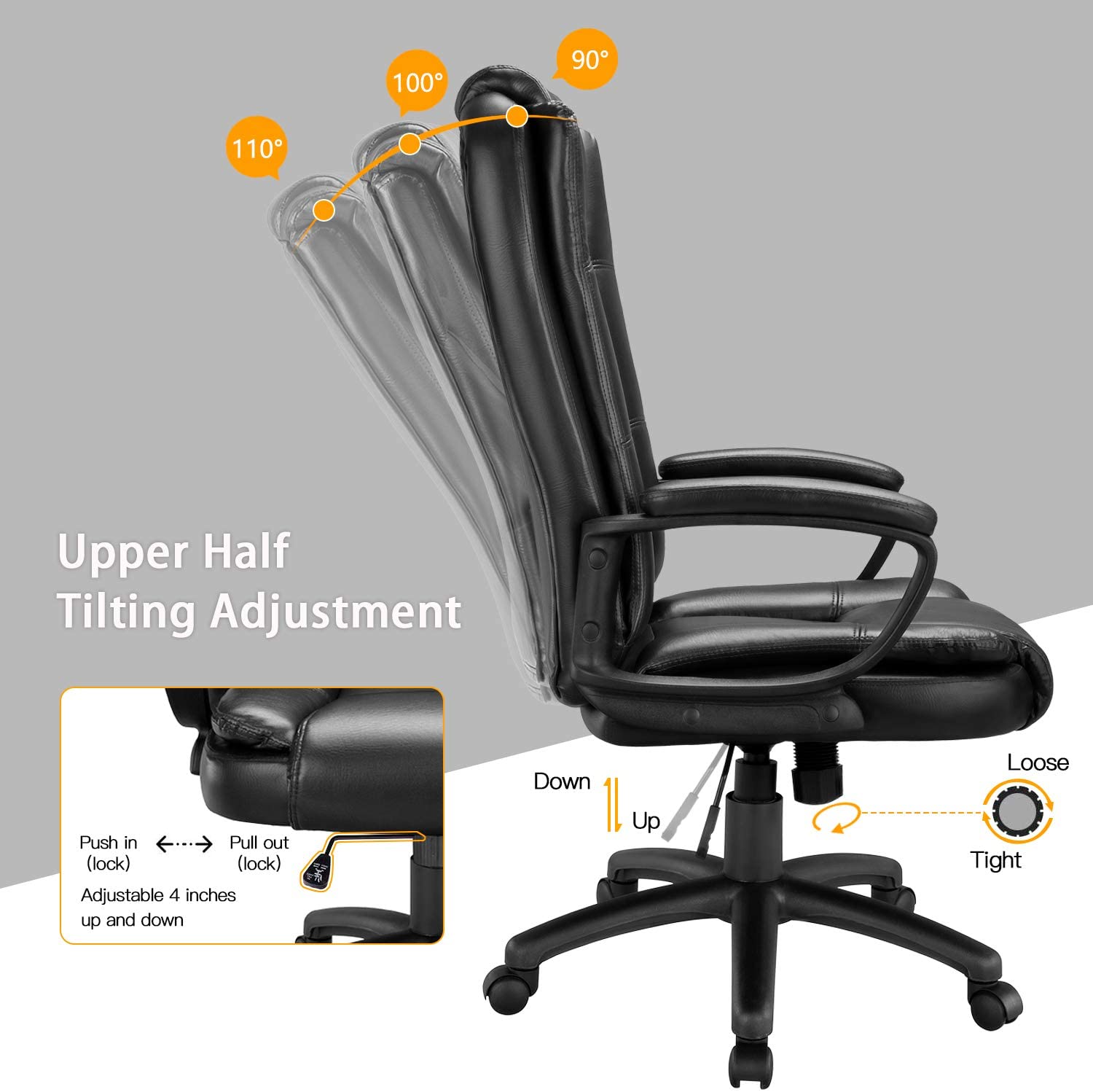 BOSSIN Home Office Chair, Ergonomic Desk Chair, Adjustable Task Chair for Lumbar Back Support, Computer Chair with Rolling Swivel and Armrest, Modern Executive High Back Leather Chairs. (Black)