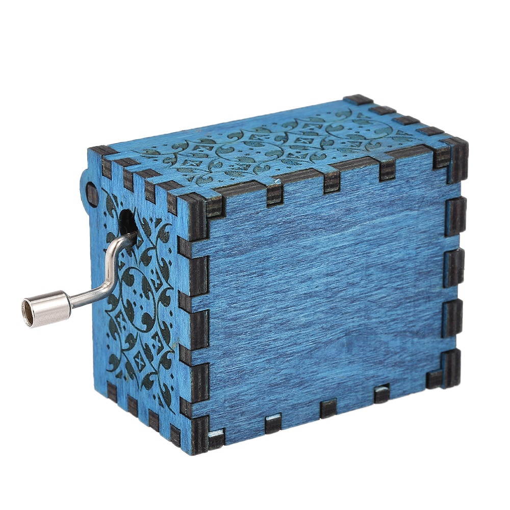 Vintage Wooden Theme Song Music Box Hand-operated Carved Engraving Music Case Creative Holiday Birthday Gifts for Kids Blue
