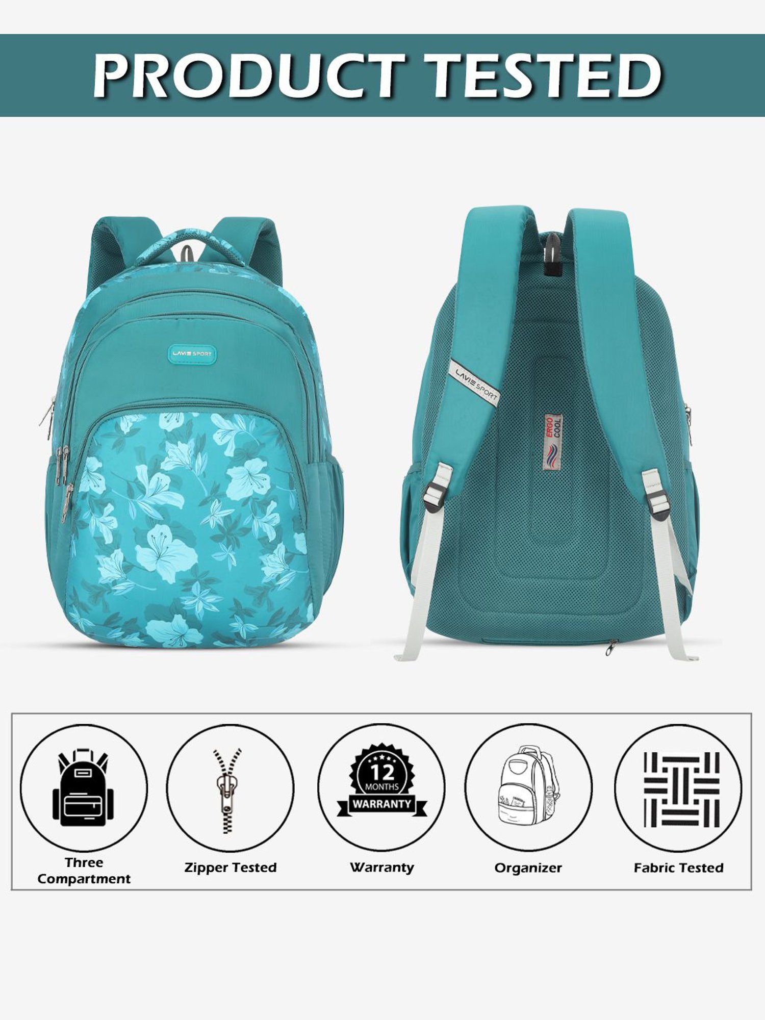 Lavie Sport Cherry Blossom 39L Printed School Backpack with Rain cover for Girls (Teal)
