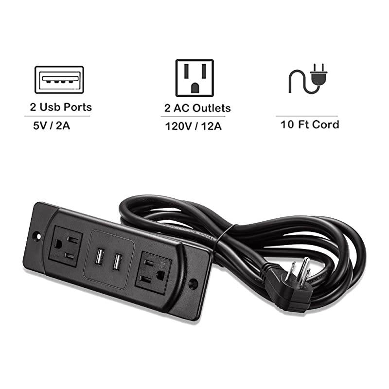 Conference Recessed Power Strip Socket with USB Ports  Desktop Power Grommet Table Power Strip Desktop Charging Station with 2Outlets and 2 USB Ports 10Ft Extension Power Cord
