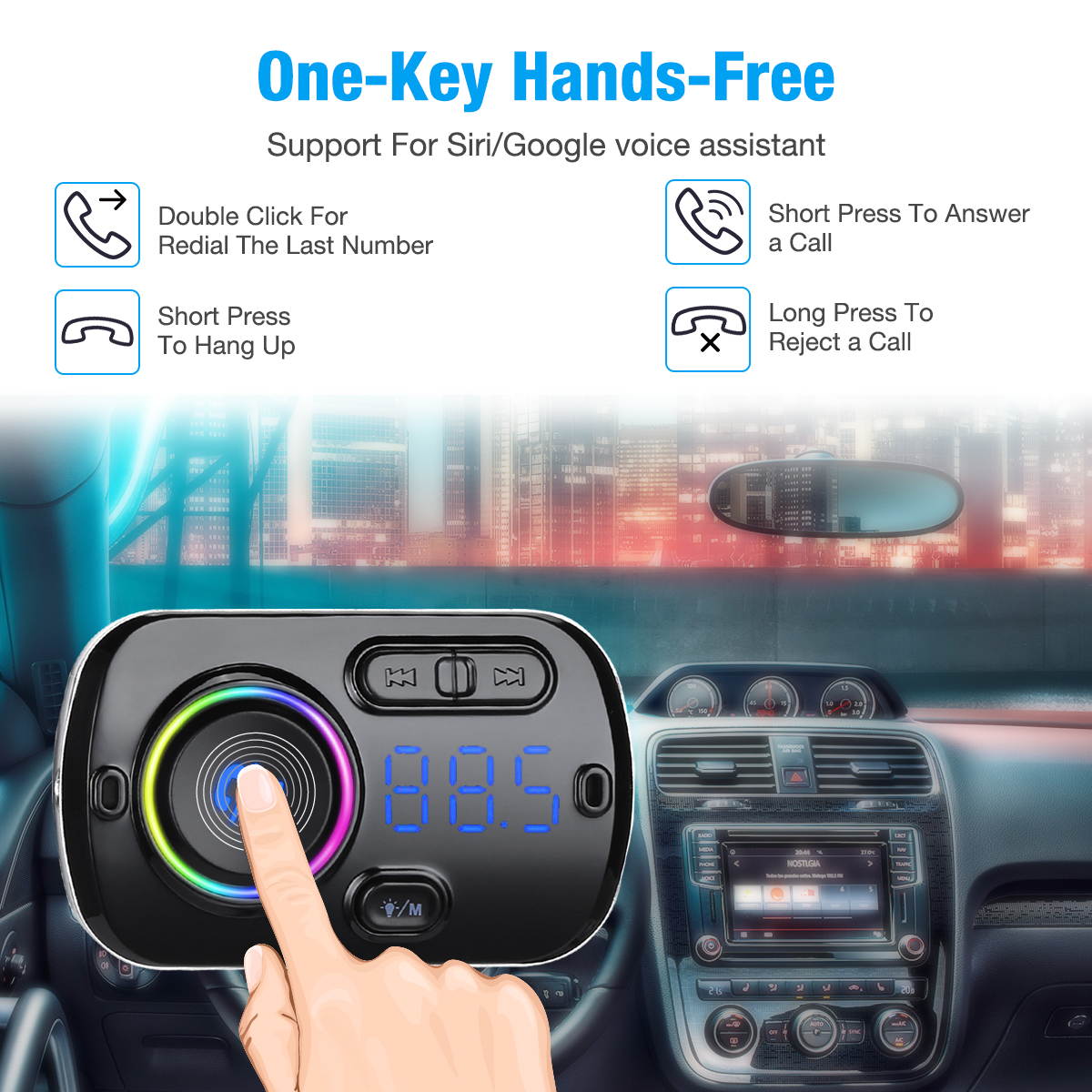 Bluetooth 5.0 Hands-Free Car Kits FM Transmitter AUX MP3 Player USB Fast Charging Charger for Smartphones Audio Players, Black