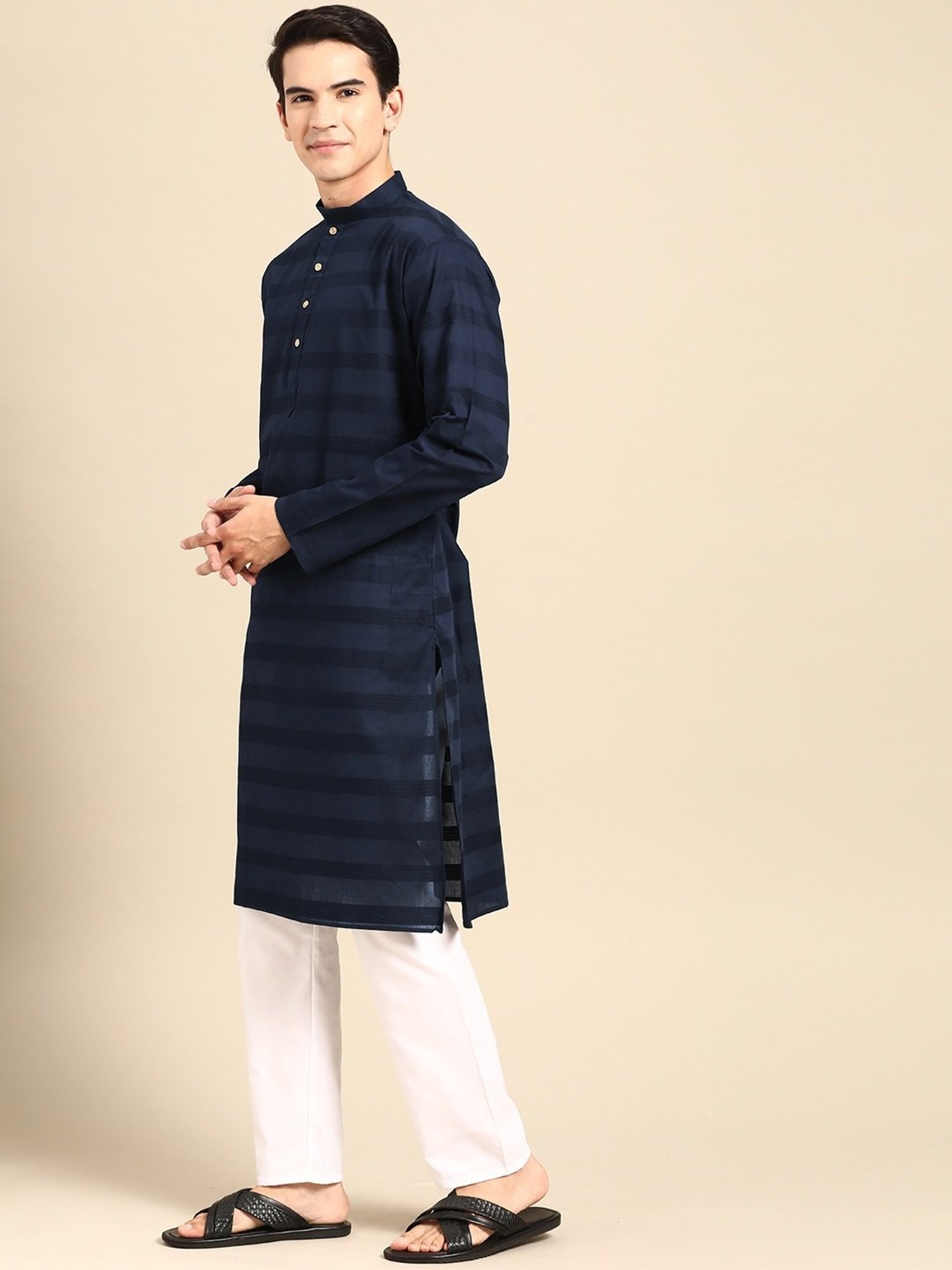 ManQ Blue & White Pure Cotton Regular Fit Striped Kurta Bottom Set