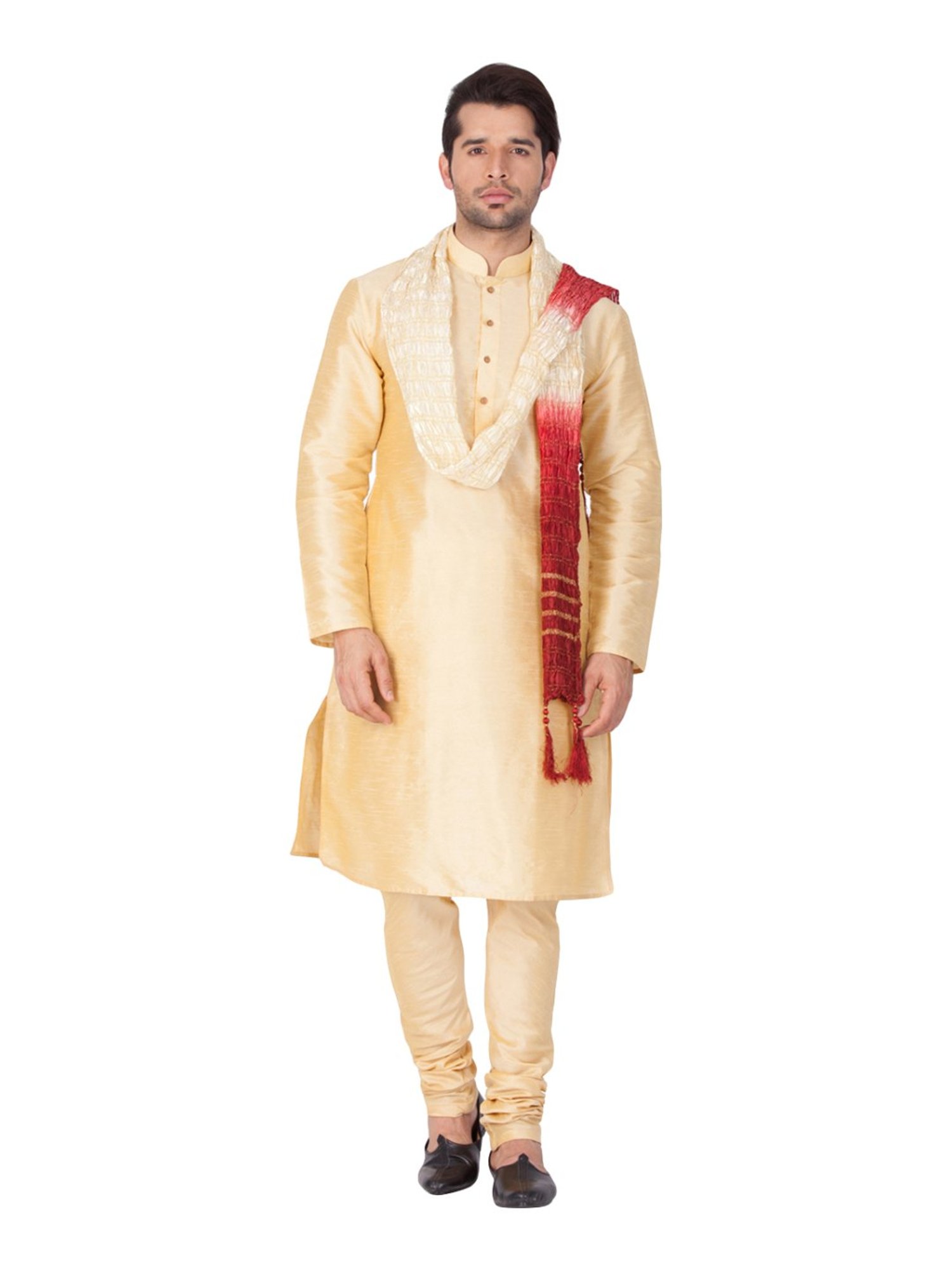 VASTRAMAY Beige & Red Lace Pattern Ethnic Dupatta