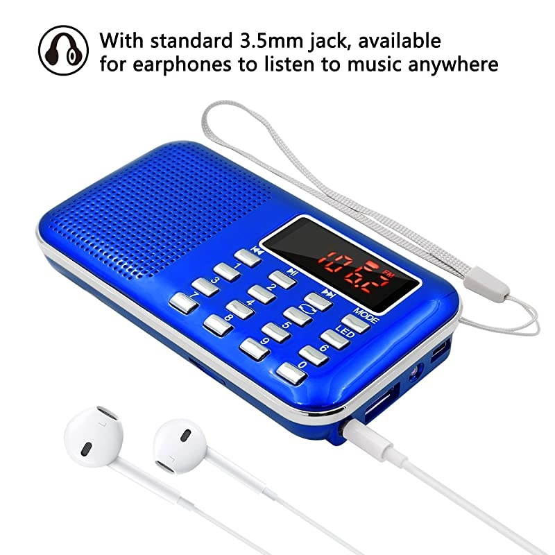 Mini Digital AM FM Radio Media Speaker MP3 Music Player Support TF Card/USB Disk with LED Screen Display and Emergency Flashlight Function (Blue-Upgraded)