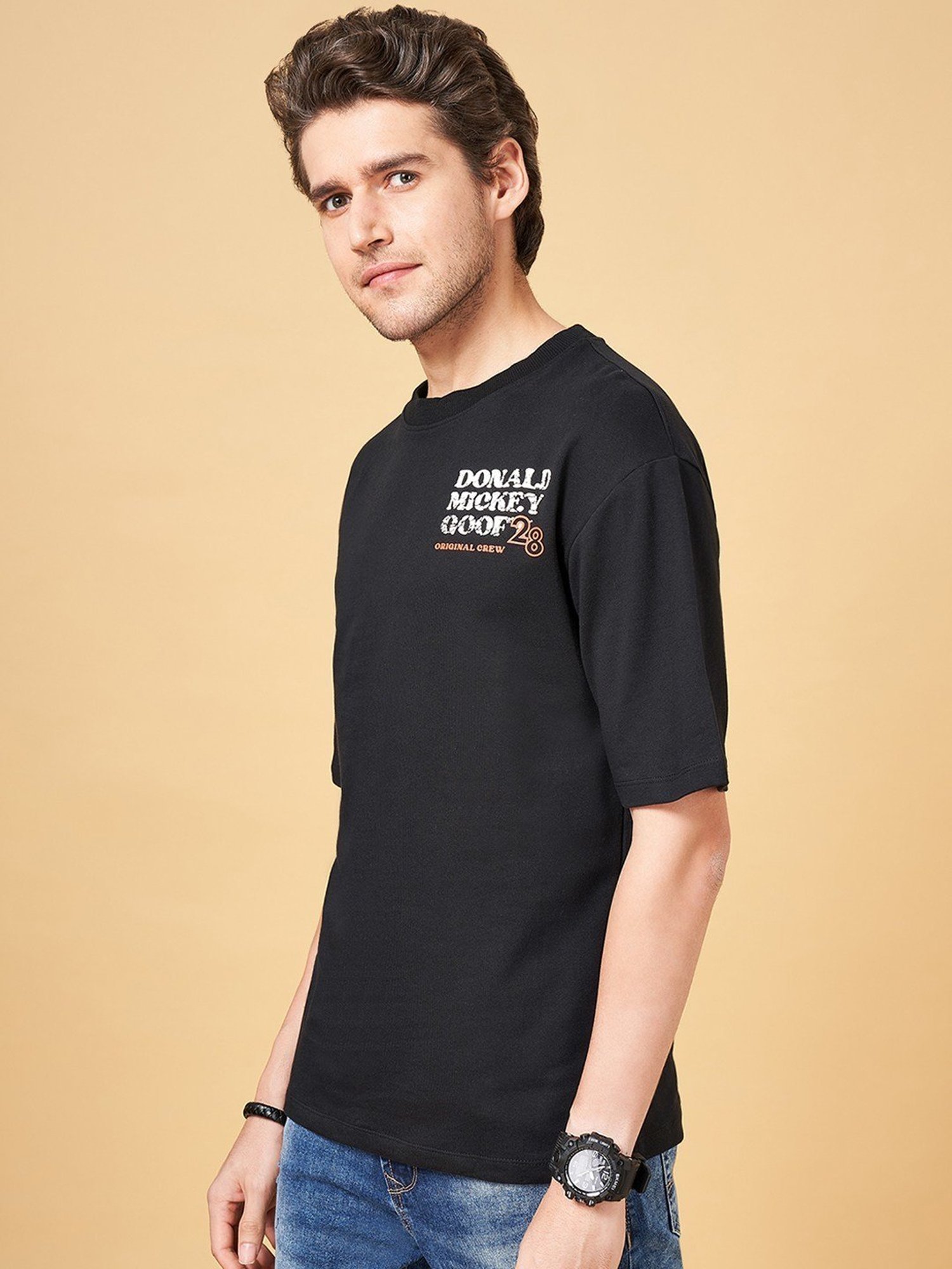 SF Jeans by Pantaloons Jet Black Cotton Relaxed Fit Printed T-Shirt