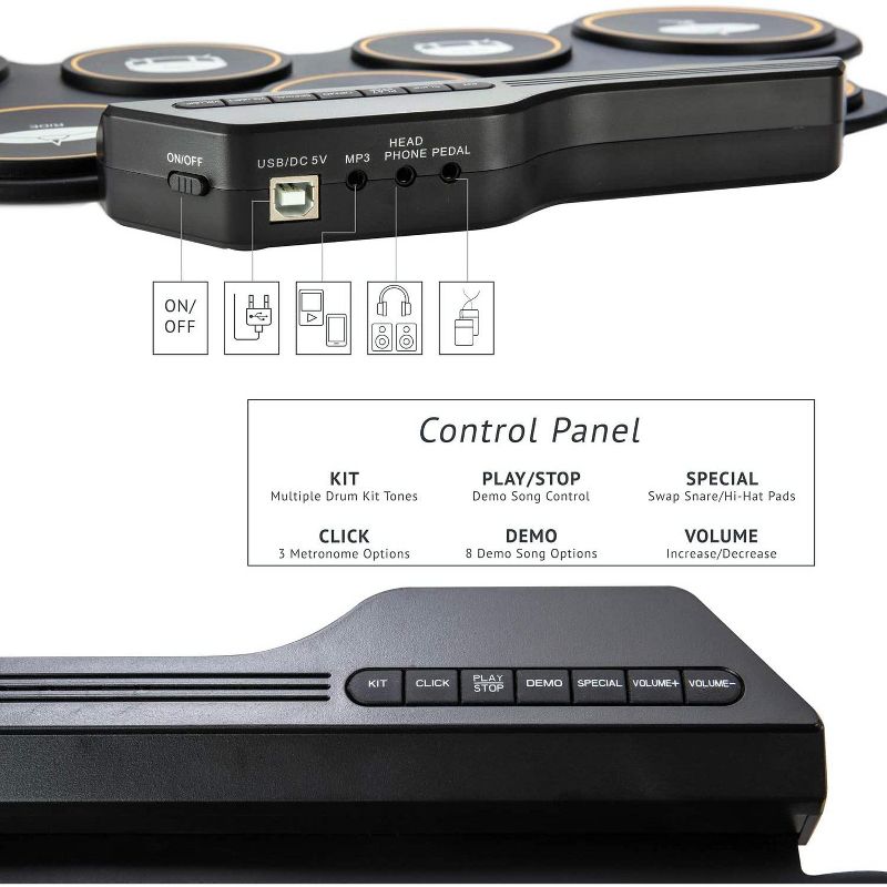 Ivation Portable Electronic Drum Pad - Digital Roll-Up Touch Sensitive Drum Practice Kit - 7 Labeled Pads 2 Foot Pedals Kids Children Beginners (No Speakers/AAA Battery Operated)