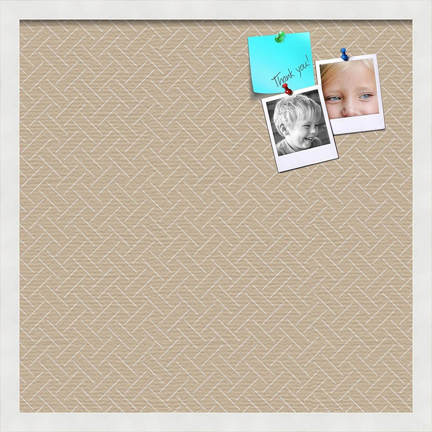 PinPix custom printed pin cork bulletin board made from canvas, Lattice Beige 20x20 Inches (Completed Size) and framed in Satin White Frame (PinPix-Group-91)