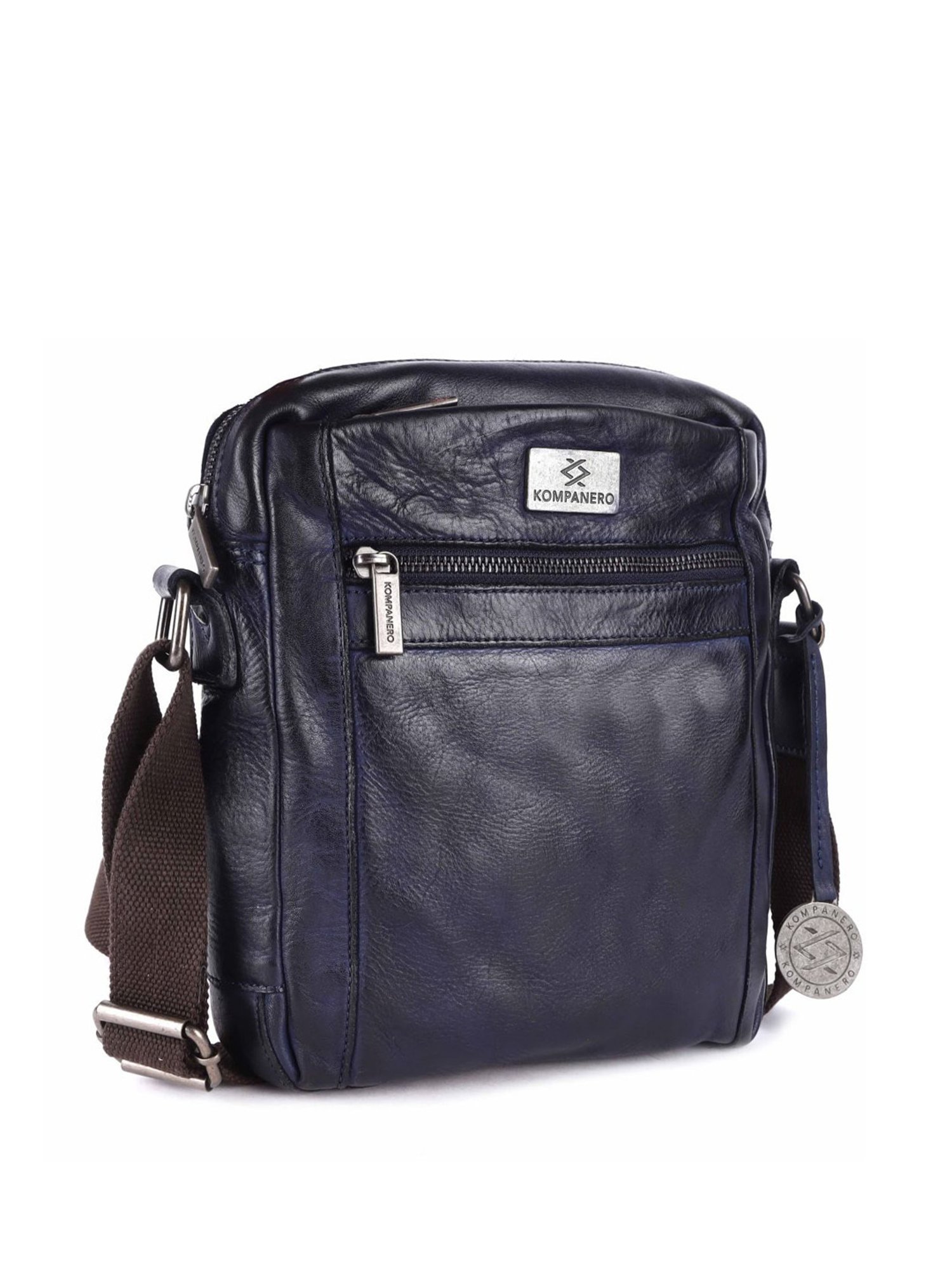 KOMPANERO Aaron Blue Leather Solid Cross Body Bag