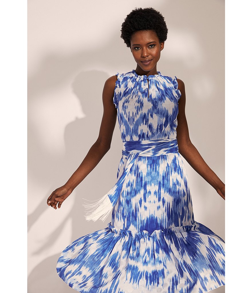 Tahari ASL Ikat Midi Ruffle High Neck Hem Self Tie Dress