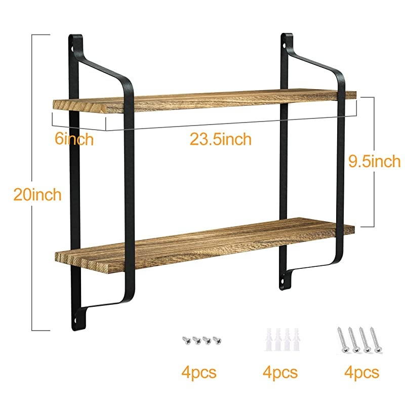 Rustic Floating Shelves Wall Mounted Industrial Wall Shelves for Pantry Living Room Bedroom Kitchen Entryway 2 Tier Wood Storage Shelf Heavy Duty Carbonized Black
